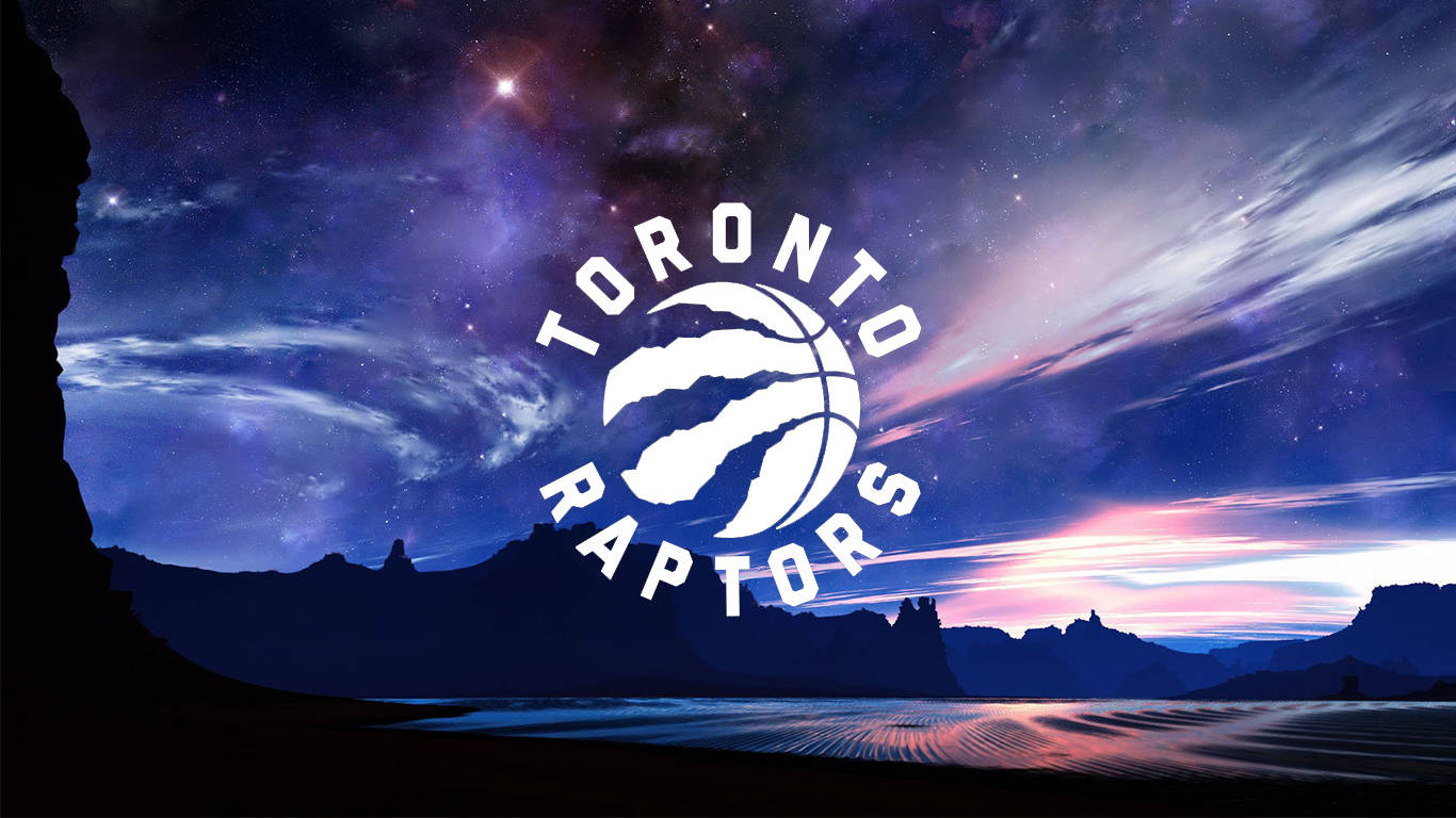 Raptors 桌布 壁紙 — 多倫多暴龍隊標誌漂浮在繁星點點的暮色峽谷上，粉紅色和紫色的雲彩倒映在水中。