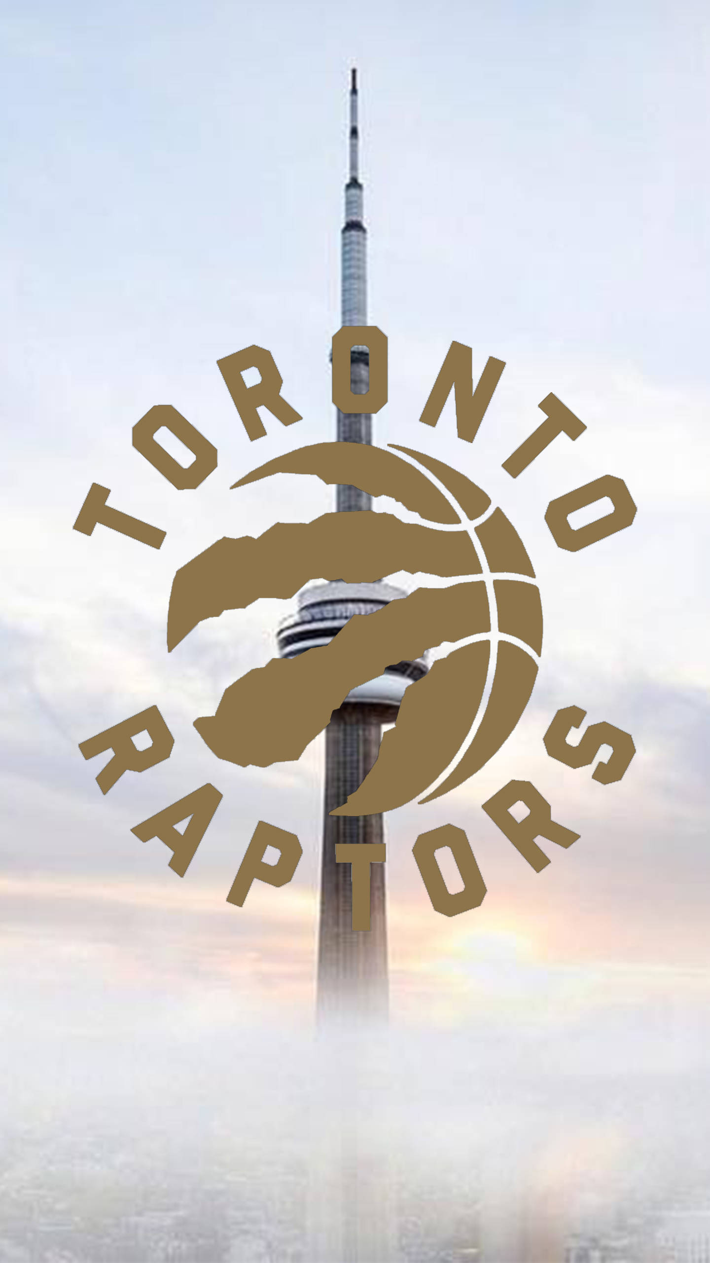 Raptors 桌布 壁紙 — 多倫多暴龍隊標誌疊加在CN塔上，於朦朧的日出時分，伴隨柔和的金色光芒。