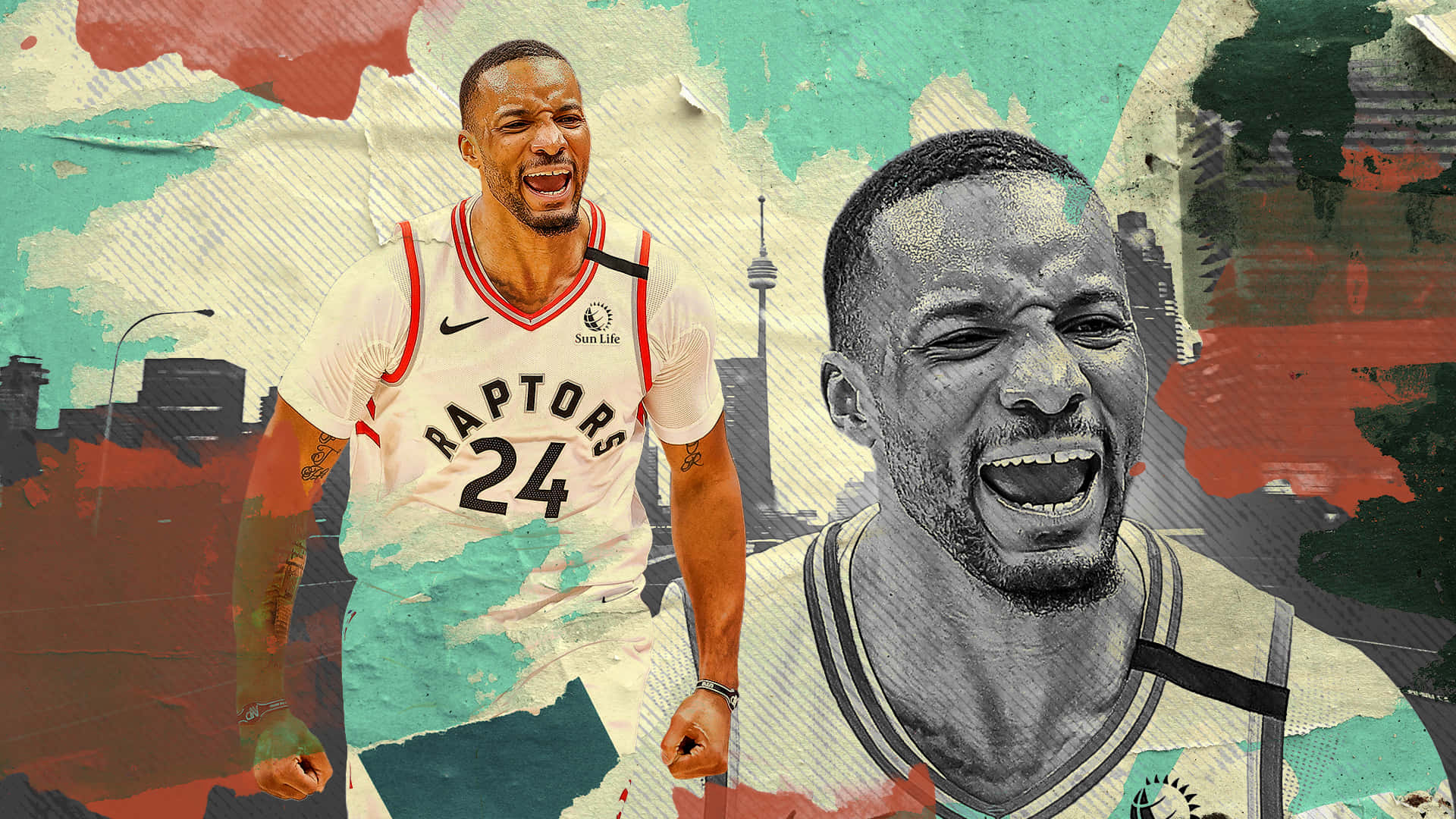 NBA 桌布 壁紙 — 多倫多暴龍隊籃球運動員在動感拼貼中展現動作，背景為粗獷的城市風貌和鮮明的抽象色彩飛濺。