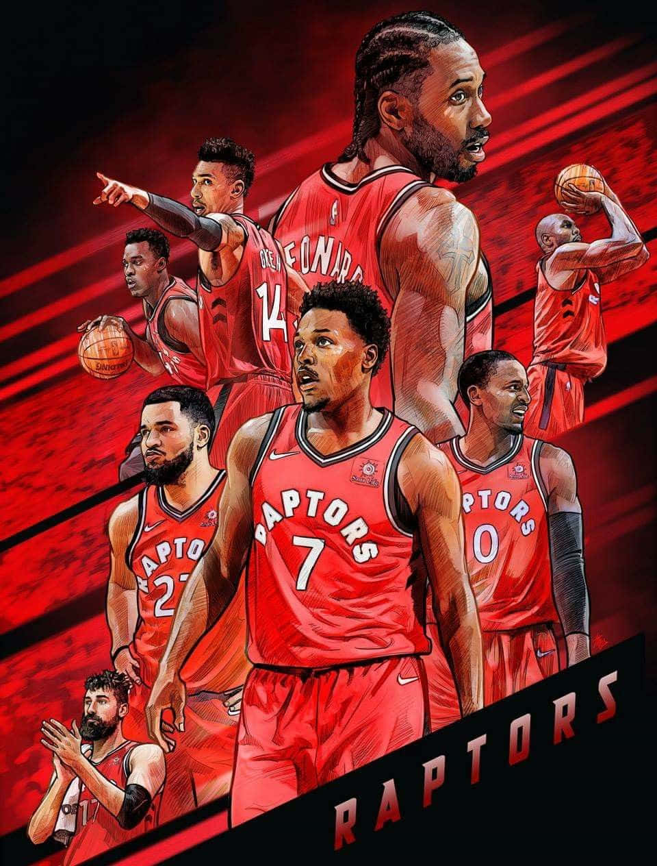 NBA 桌布 壁紙 — 多倫多暴龍隊籃球運動員身穿紅色球衣，在強烈的紅色條紋背景前擺出動作姿勢的動態插圖。