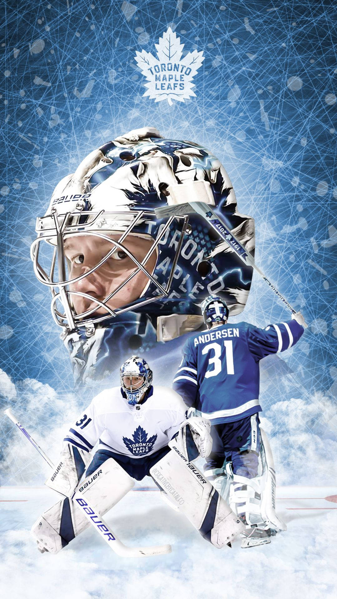 Cool Hockey 桌布 壁紙 — 多倫多楓葉隊守門員弗雷德里克·安德森在動感藍色冰場背景下擺出動作姿勢，並帶有球隊標誌。