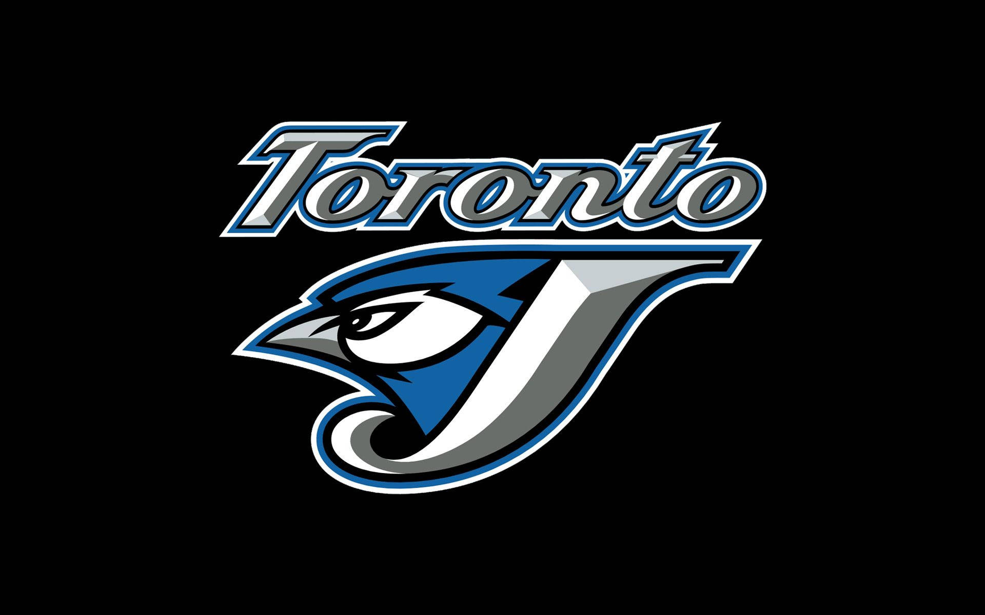 Jays 桌布 壁紙 — 多倫多藍鳥隊標誌以黑色實心背景上，呈現一隻風格化的藍銀色松雞頭部，眼睛銳利。