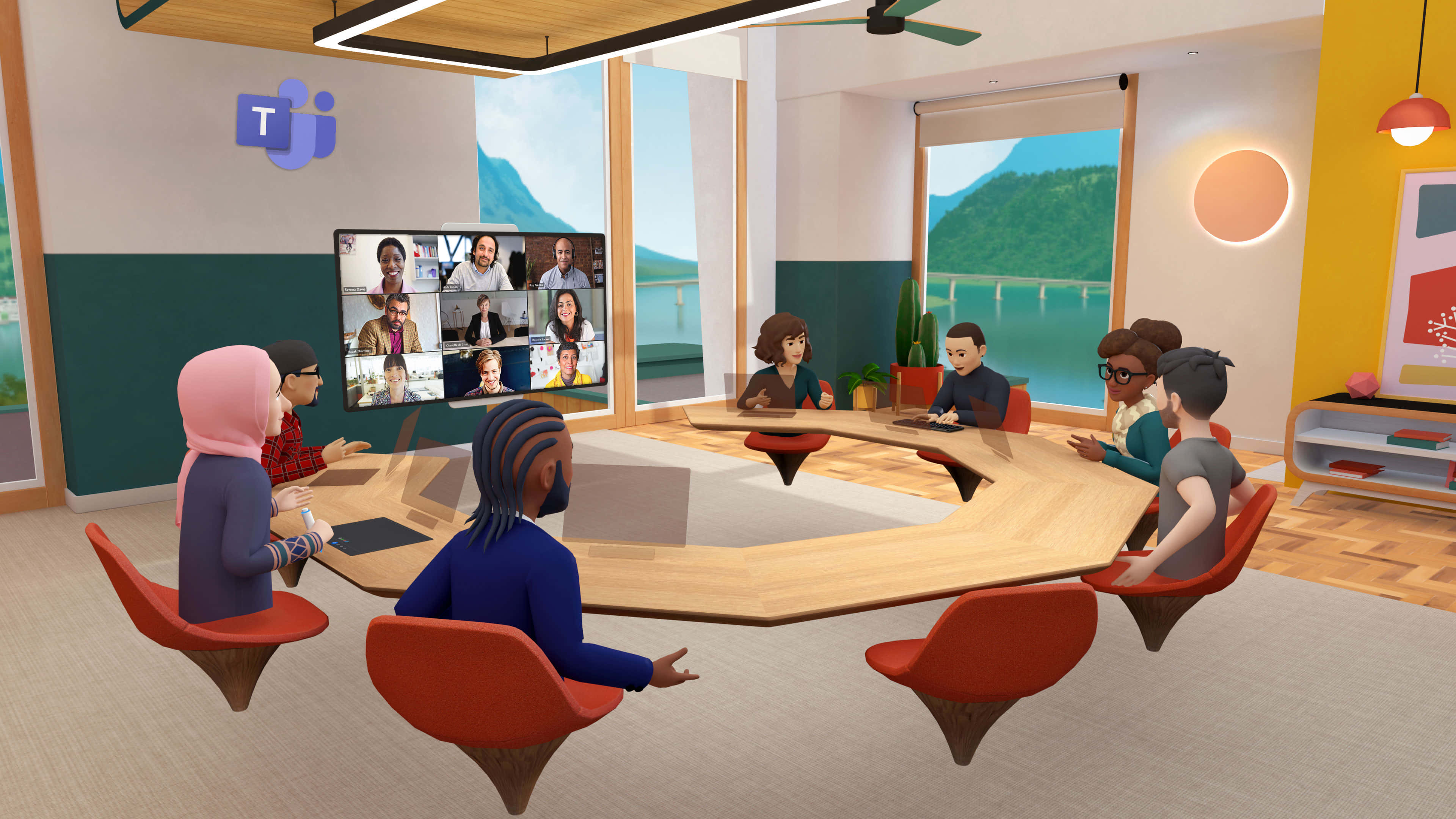Microsoft Teams 桌布 壁紙 — 多元團隊在現代辦公室會議室中圍繞木桌協作，大螢幕顯示遠端視訊通話參與者。