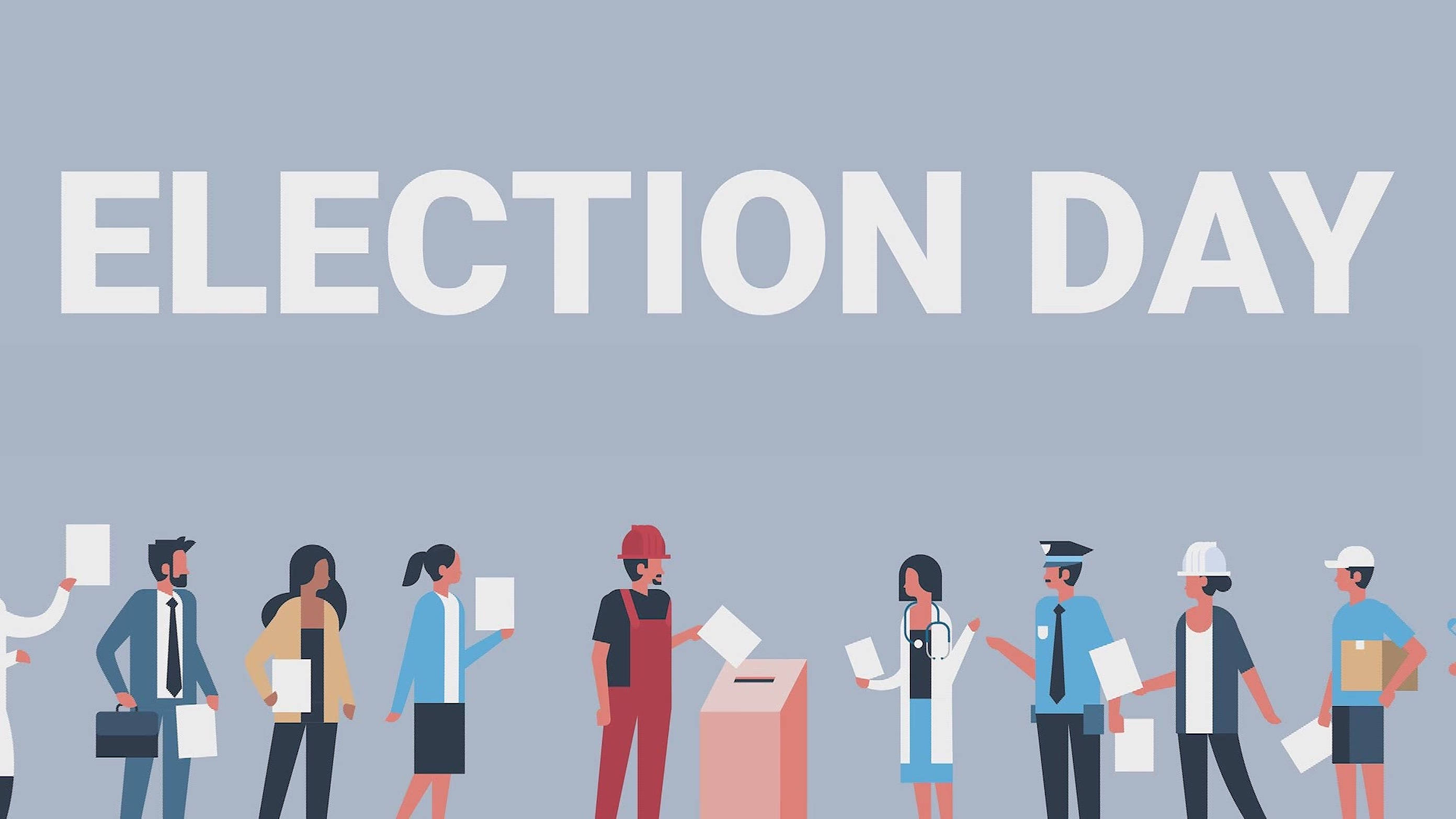 Election 桌布 壁紙 — 多元背景的人們以扁平向量風格排隊，在粗體白色文字下於選舉日投票。