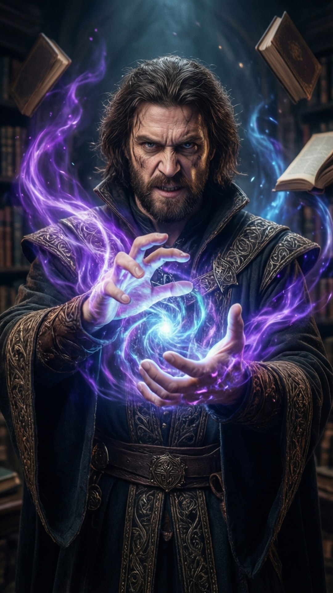 多利安的魔法 壁紙 — 一位留鬍鬚的巫師穿著華麗長袍，在滿是書籍的圖書館中，雙手之間引導著旋轉的紫色和藍色魔法。