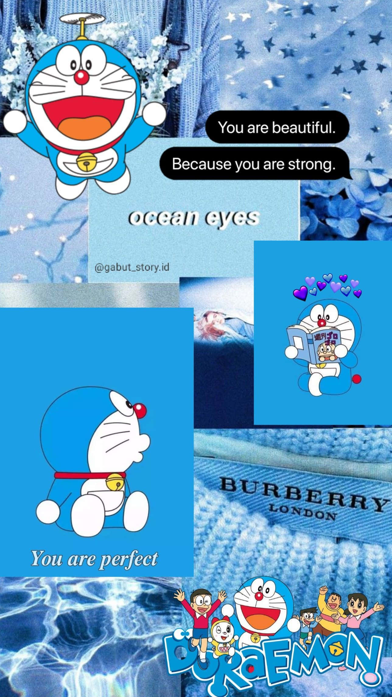 Doraemon 桌布 壁紙 — 多啦A夢插圖與藍色調紋理的拼貼，並疊加勵志文字。