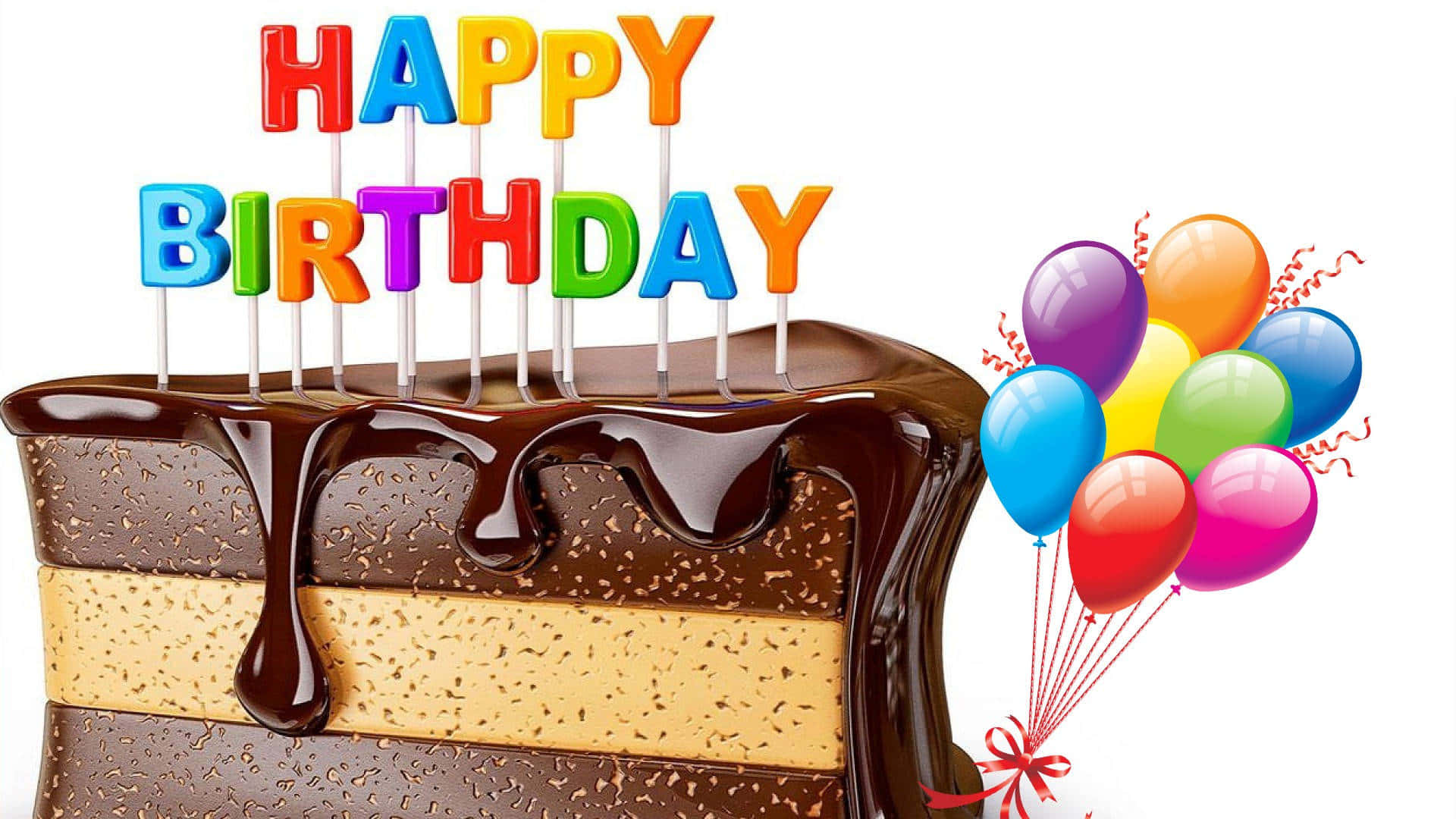  壁紙 — 多層巧克力生日蛋糕，滴落糖霜和彩色字母蠟燭，旁邊有一束彩虹氣球。