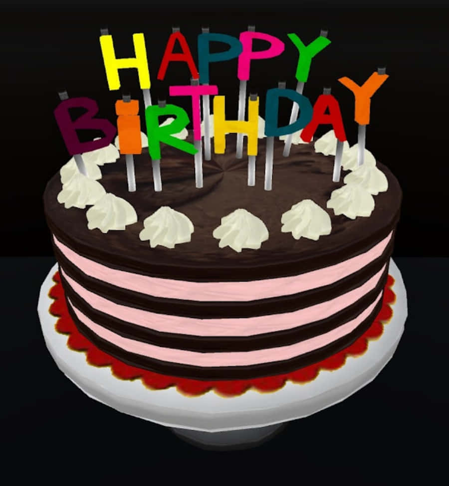 Happy Birthday Cake 桌布 壁紙 — 多層巧克力生日蛋糕，配上粉紅色糖霜和色彩繽紛的字母蠟燭，拼出 happy birthday。