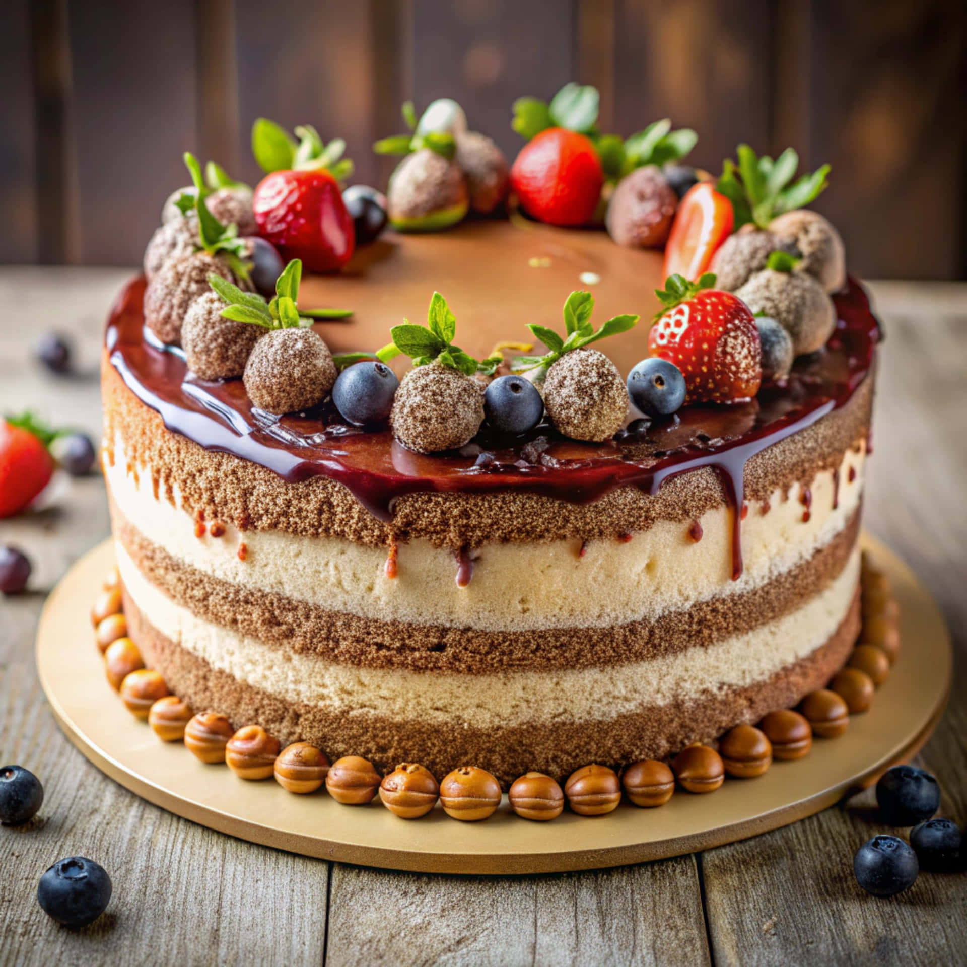Close-up of a cake on the table 壁紙 — 多層巧克力蛋糕，淋上閃亮的巧克力醬，滴落蛋糕側面，上面放有草莓、藍莓和巧克力松露，置於木桌上。