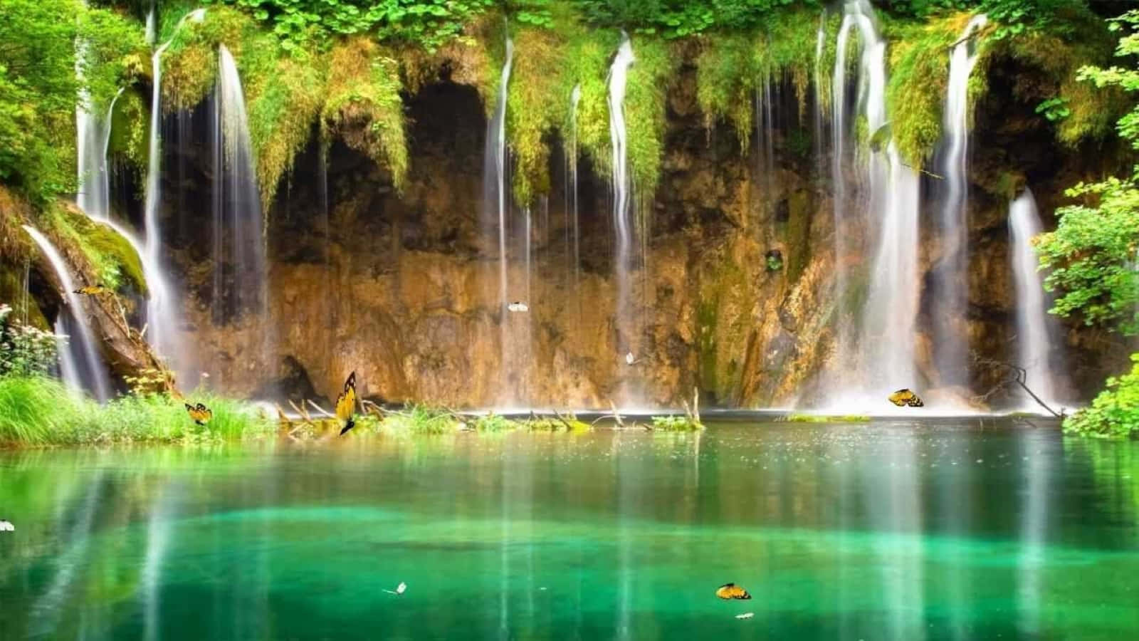 3d Waterfall 桌布 壁紙 — 多層瀑布傾瀉而下，落入一個被茂密綠葉環繞的清澈碧綠水池中。