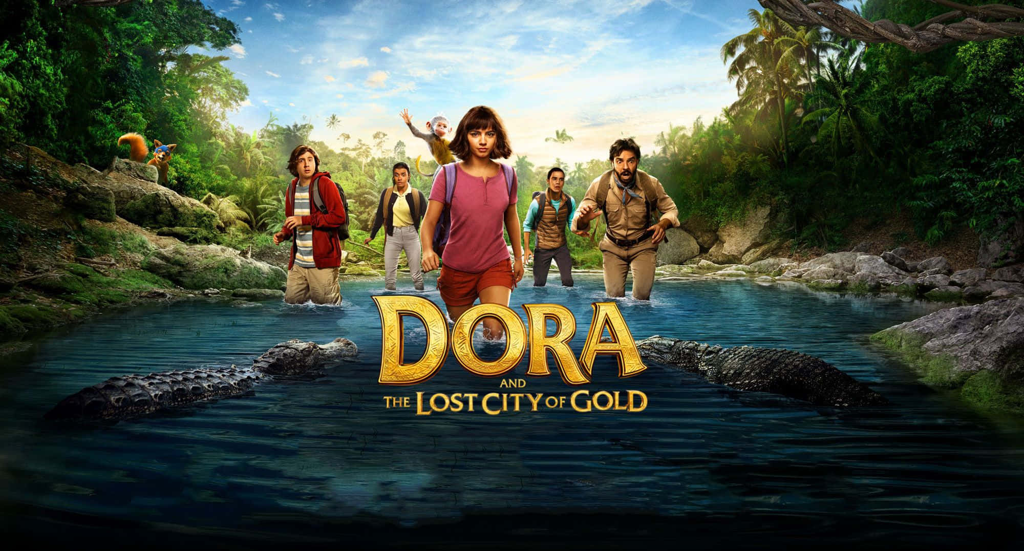 Dora 桌布 壁紙 — 多拉和她的朋友在明亮的藍天下涉水穿過一條叢林河流，水面下潛伏著鱷魚。