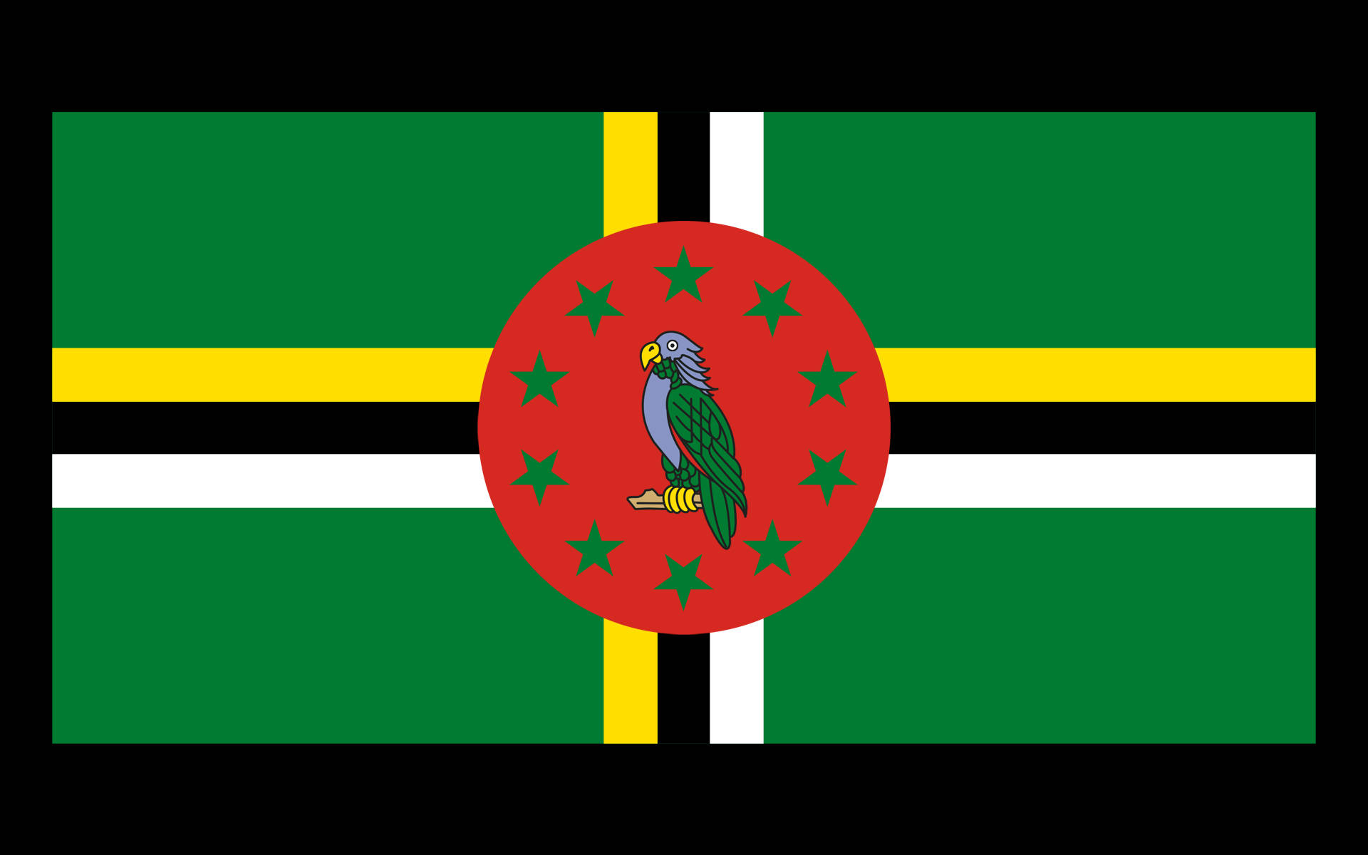 Dominica 桌布 壁紙 — 多明尼加共和國的國旗以綠色、黃色、白色和黑色條紋為特色，中央有一個紅色圓圈，內含一隻綠色鸚鵡和綠色星星。