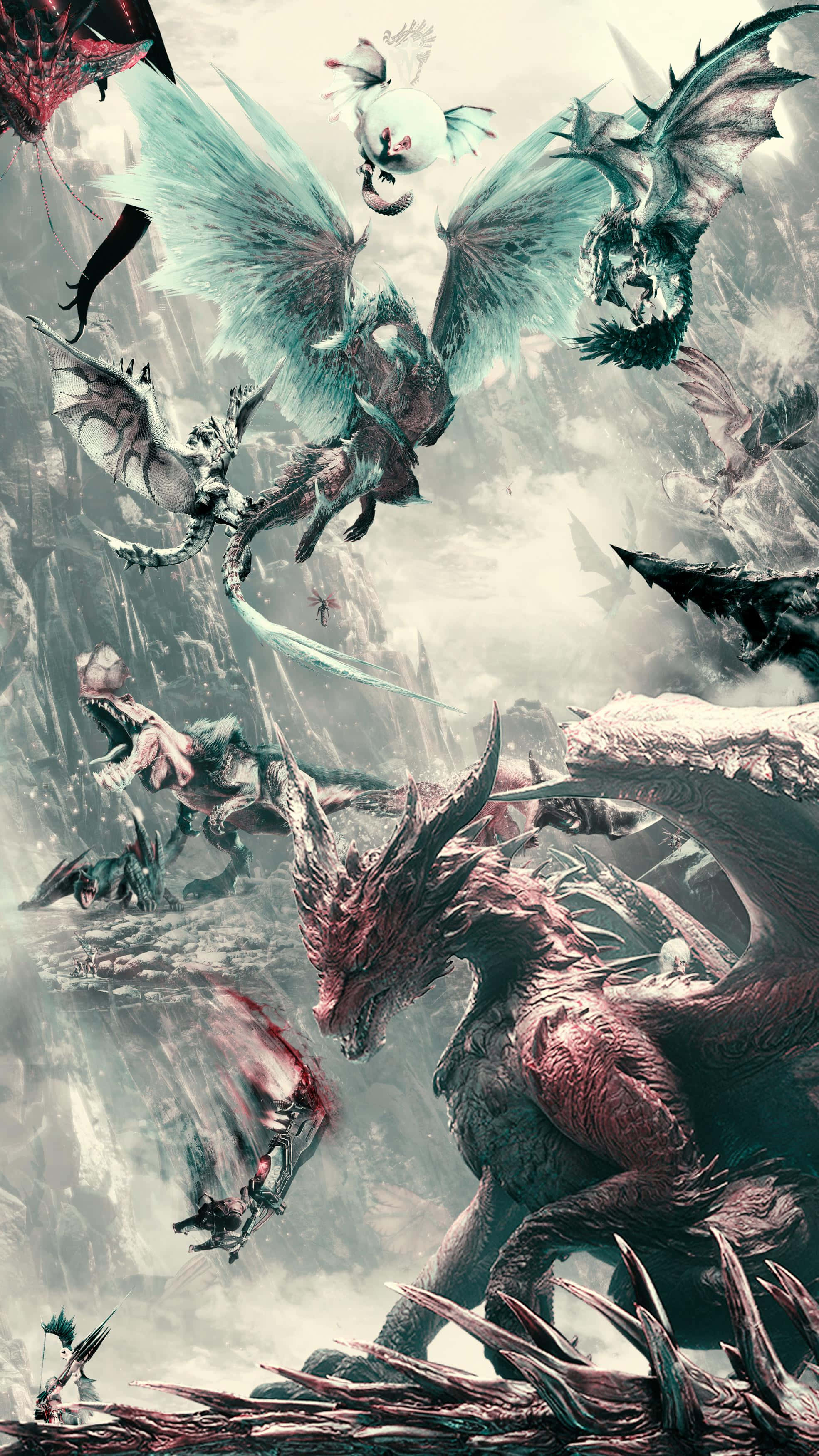 Monster Hunter 3 桌布 壁紙 — 多條擁有尖刺翅膀和裝甲鱗片的龍在參差不齊的冰崖之間爆發了一場混亂的戰鬥。