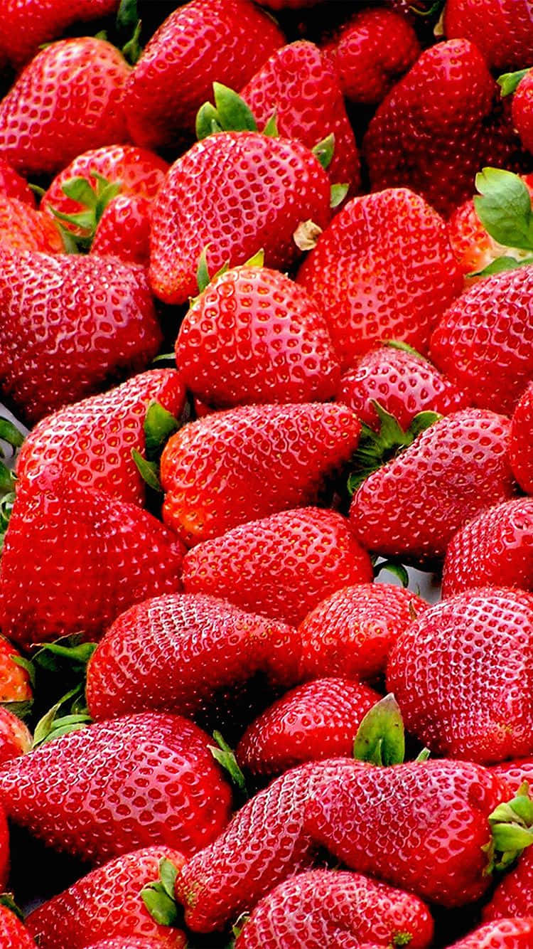Cute Strawberry 桌布 壁紙 — 多汁成熟的草莓高高堆起，帶有鮮豔的紅色色調和新鮮的綠色蒂頭，在明亮光線下閃閃發光。