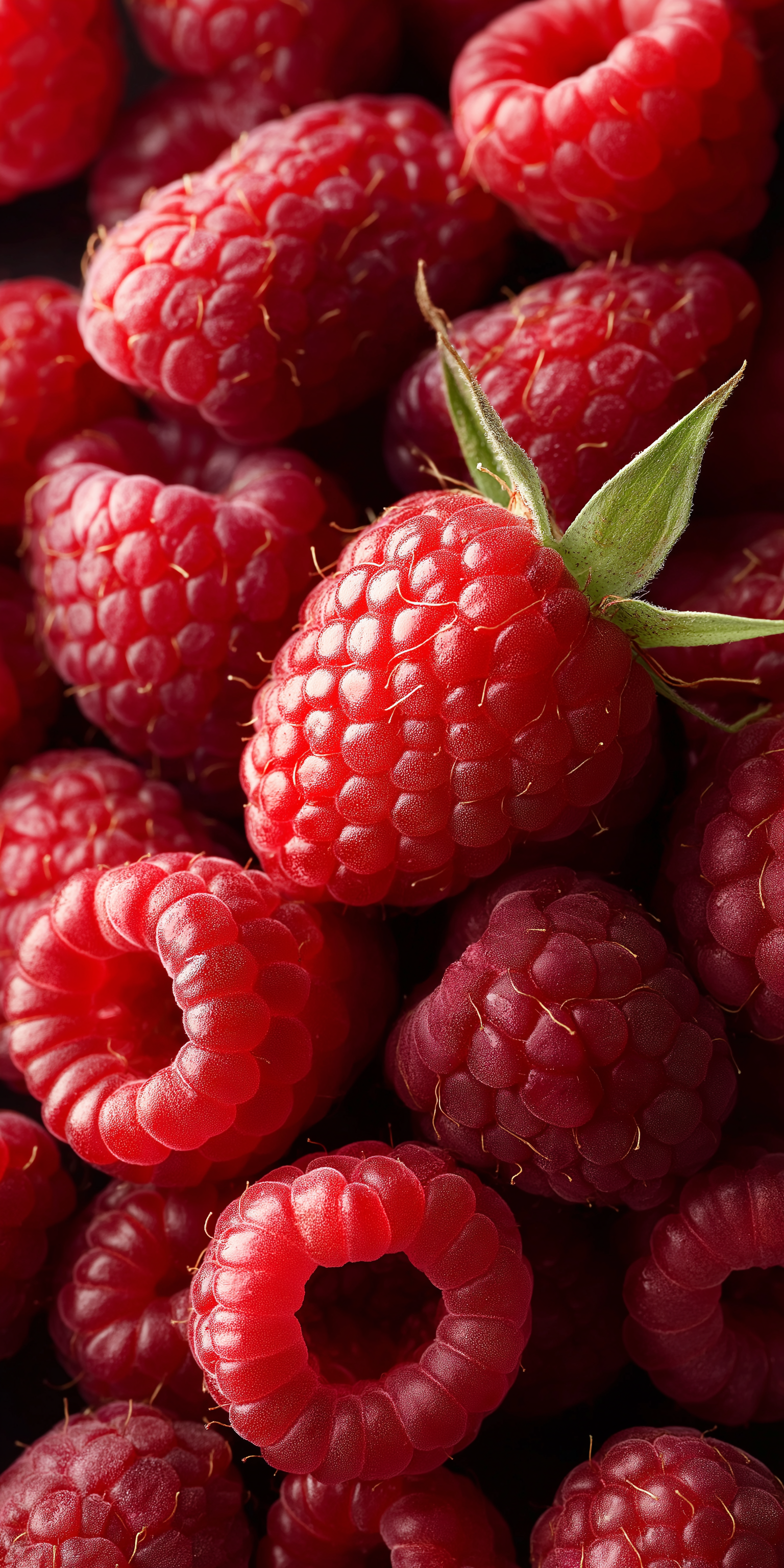 Fruit 桌布 壁紙 — 多汁成熟的覆盆子緊密堆疊，其中一顆頂部帶有綠色莖。