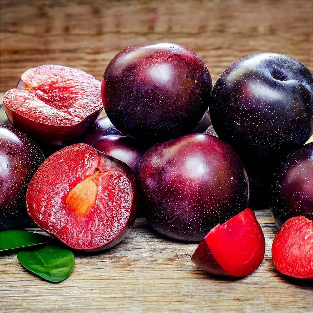 Red Plum 桌布 壁紙 — 多汁的深紫色李子，帶有鮮紅色的果肉和綠葉，放在質樸的木質表面上。