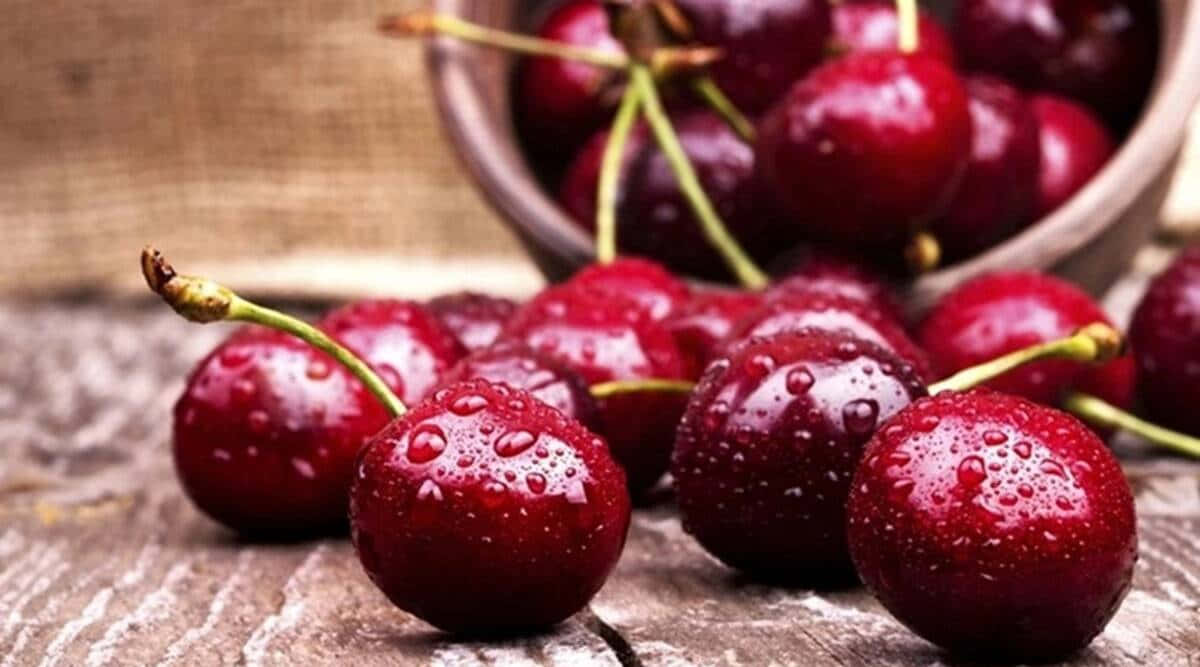 Red Cherries 桌布 壁紙 — 多汁的紅色櫻桃在質樸的木質表面上閃耀著水滴，後面的碗裡還有更多。