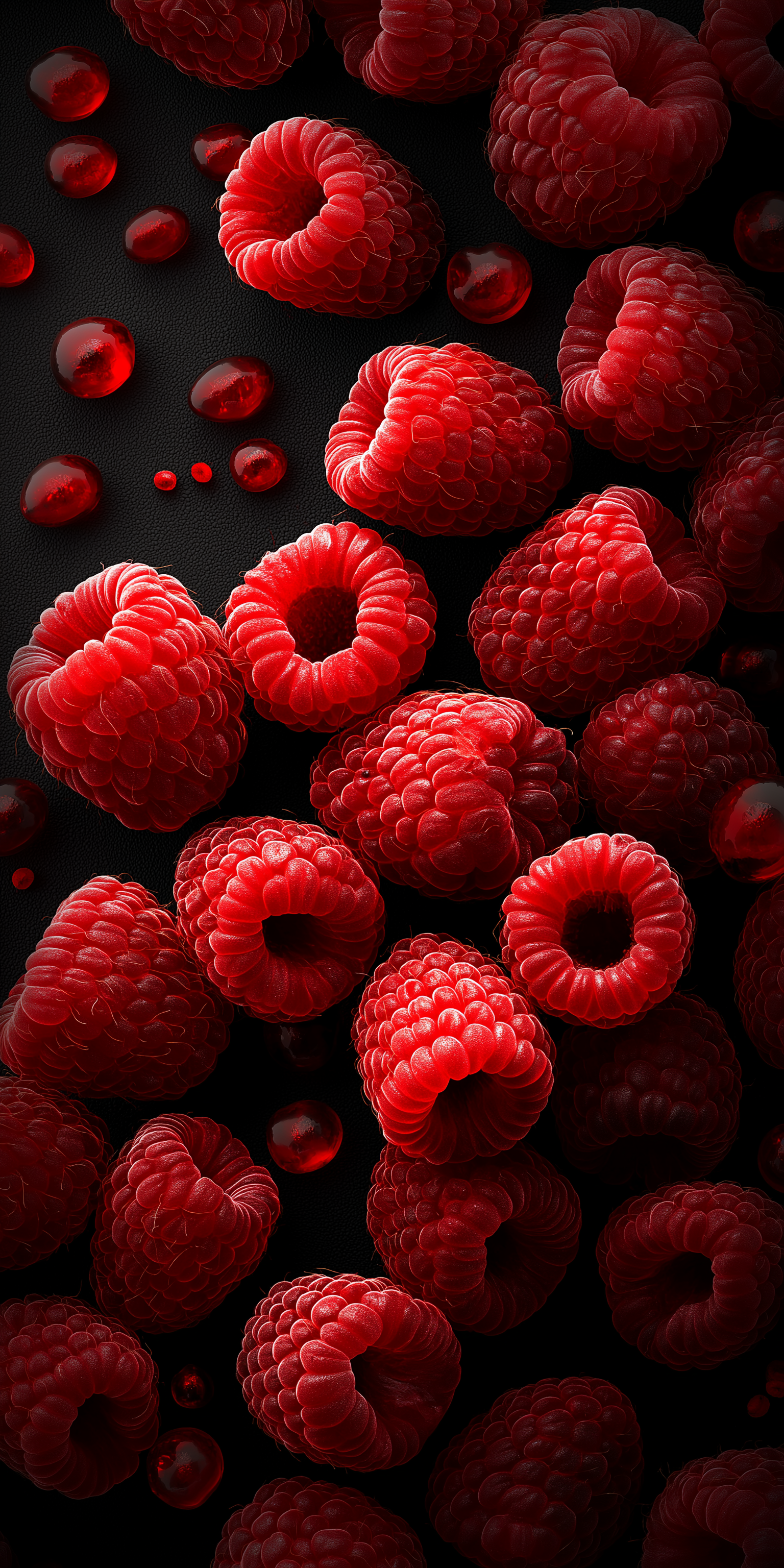 Fruit 桌布 壁紙 — 多汁的紅覆盆子閃爍著露珠，映襯在黑色紋理表面上。