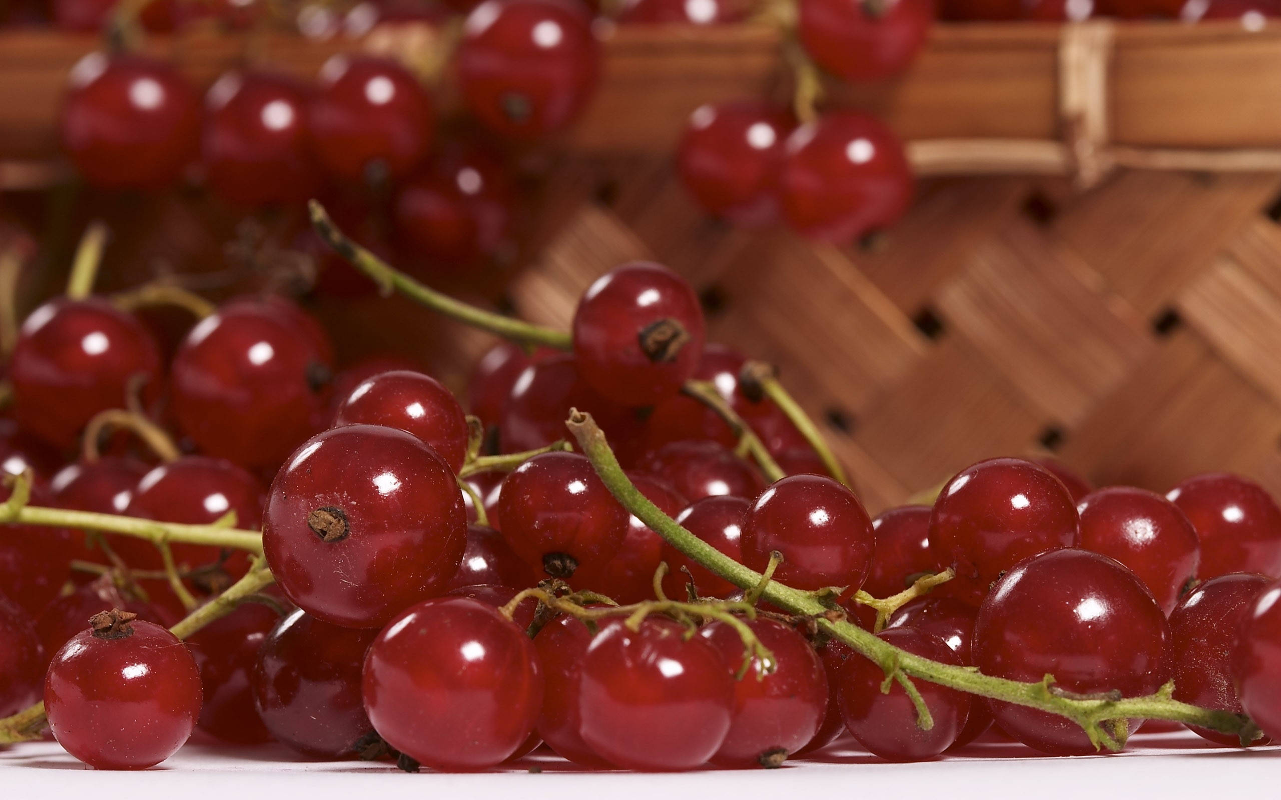 Fruit 桌布 壁紙 — 多汁的紅醋栗在綠色莖上閃爍著露珠，從編織的竹籃中溢出。