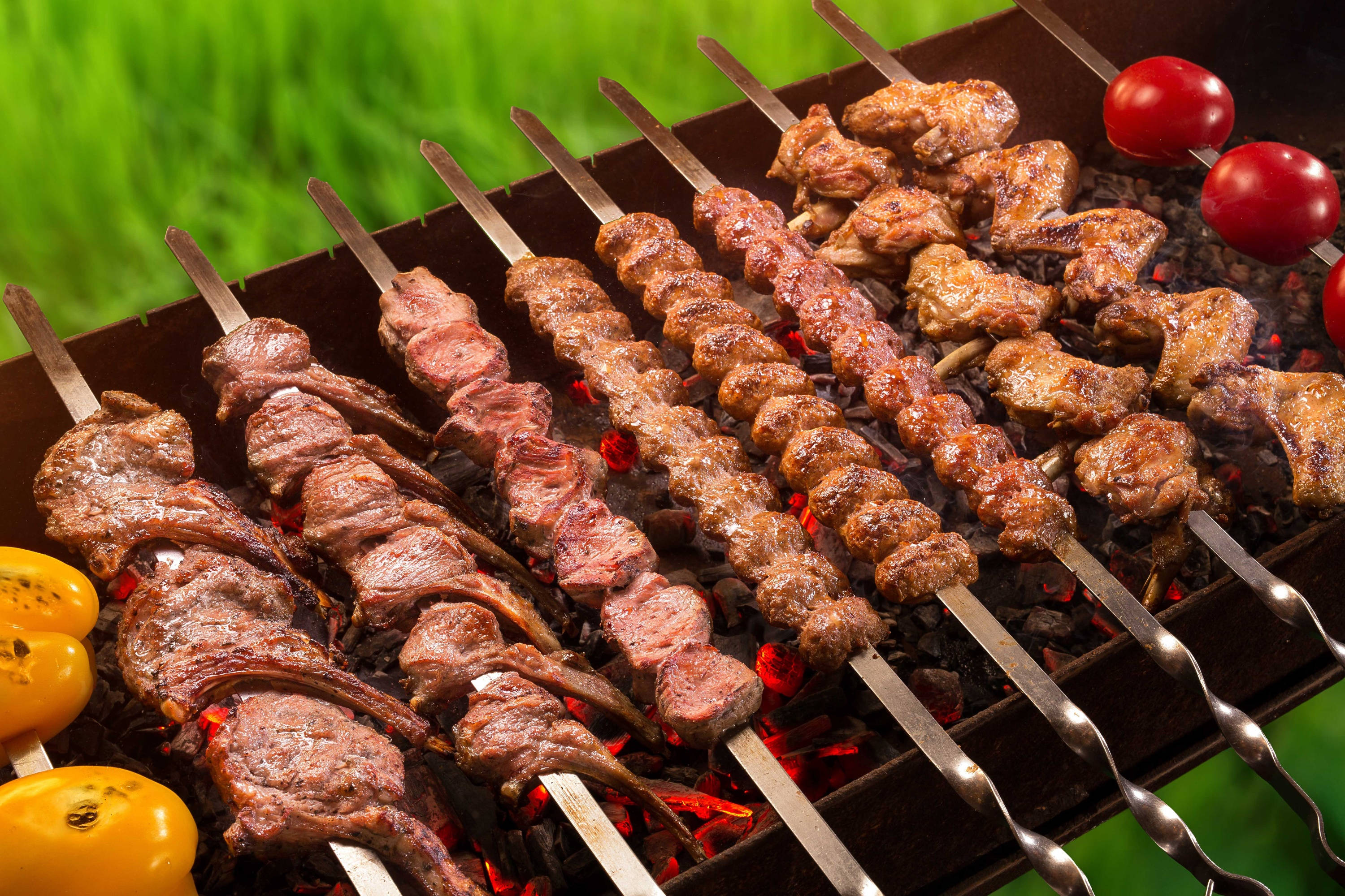 meat 桌布 壁紙 — 多汁的肉串在熾熱的炭火上烤著，配上鮮豔的櫻桃番茄和黃椒，背景是茂密的綠色。