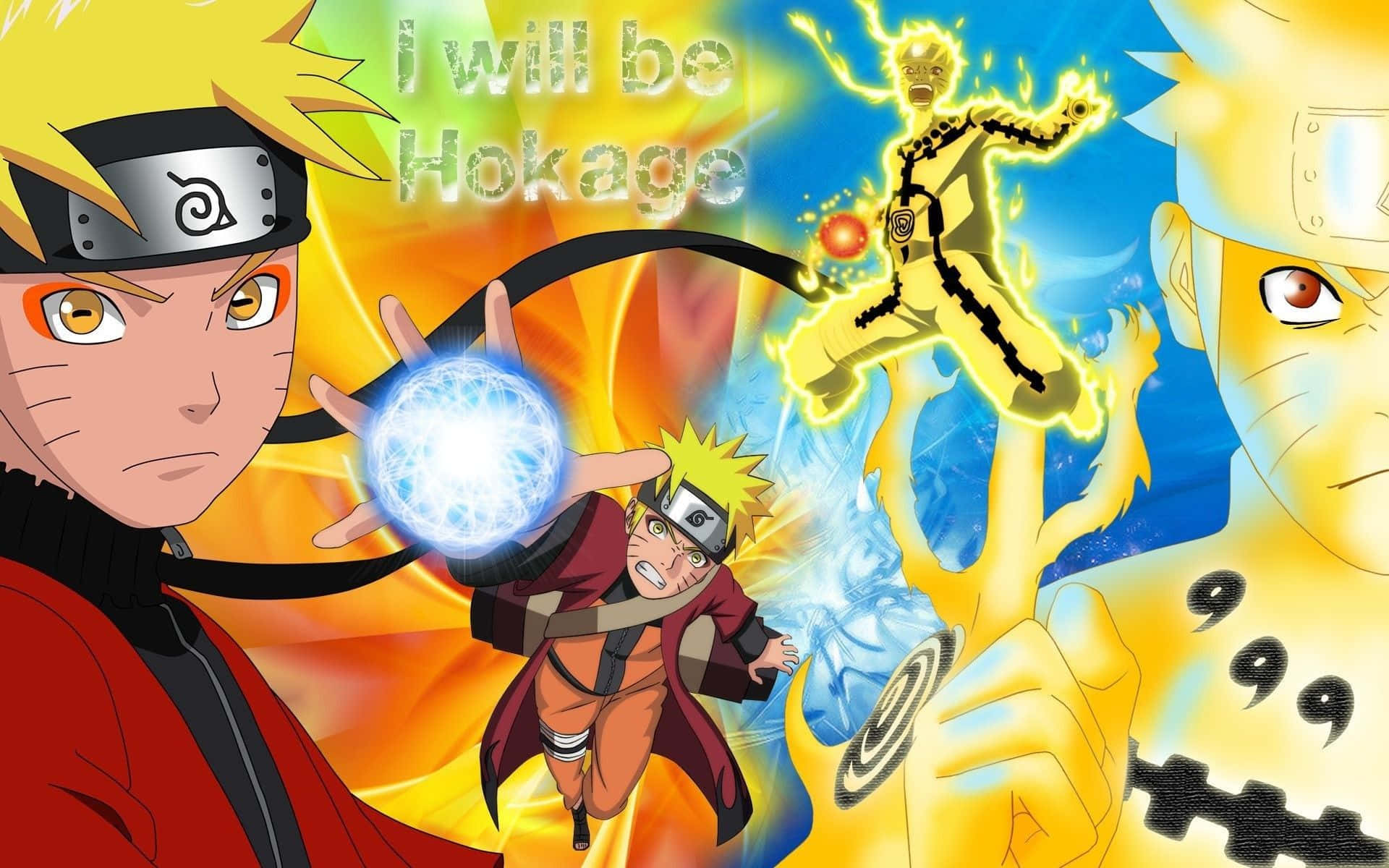 Naruto Manga 桌布 壁紙 — 多種形態的漩渦鳴人，在充滿活力的火焰背景下，以發光的藍色和黃色能量引導查克拉。