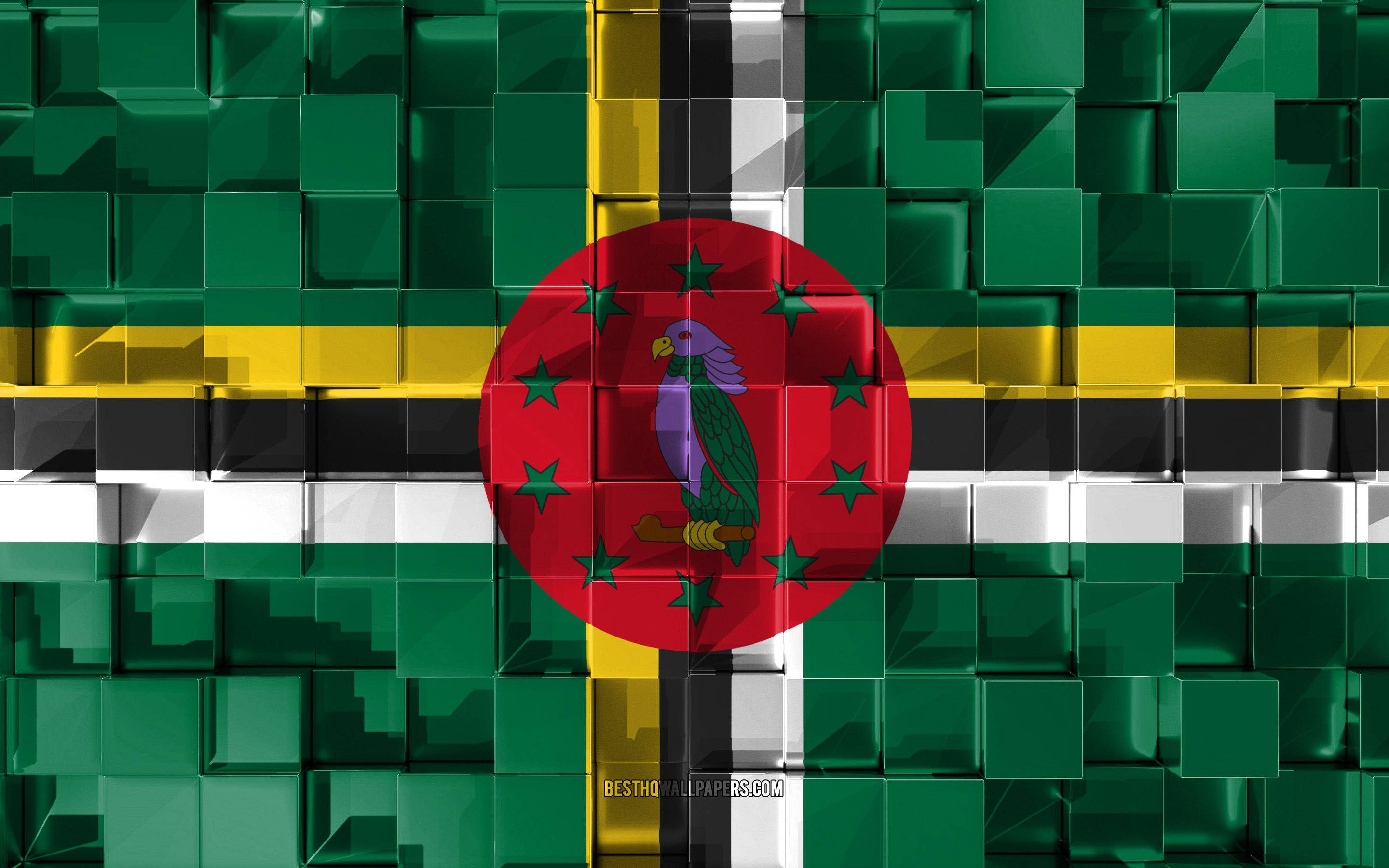 Dominica 桌布 壁紙 — 多米尼克國旗的3D渲染圖，由光澤綠色立方體組成，中央紅色圓圈內有一隻紫色鳥和綠色星星。