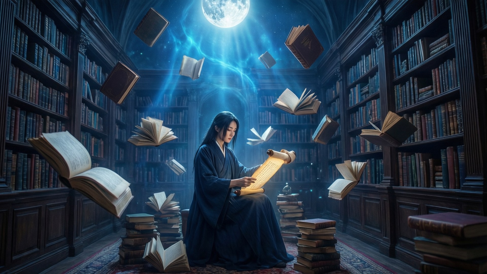 多美代月夜書房 壁紙 — 一個穿著深色長袍的人坐在宏偉的圖書館裡，發光的書本在滿月下漂浮在他們周圍。