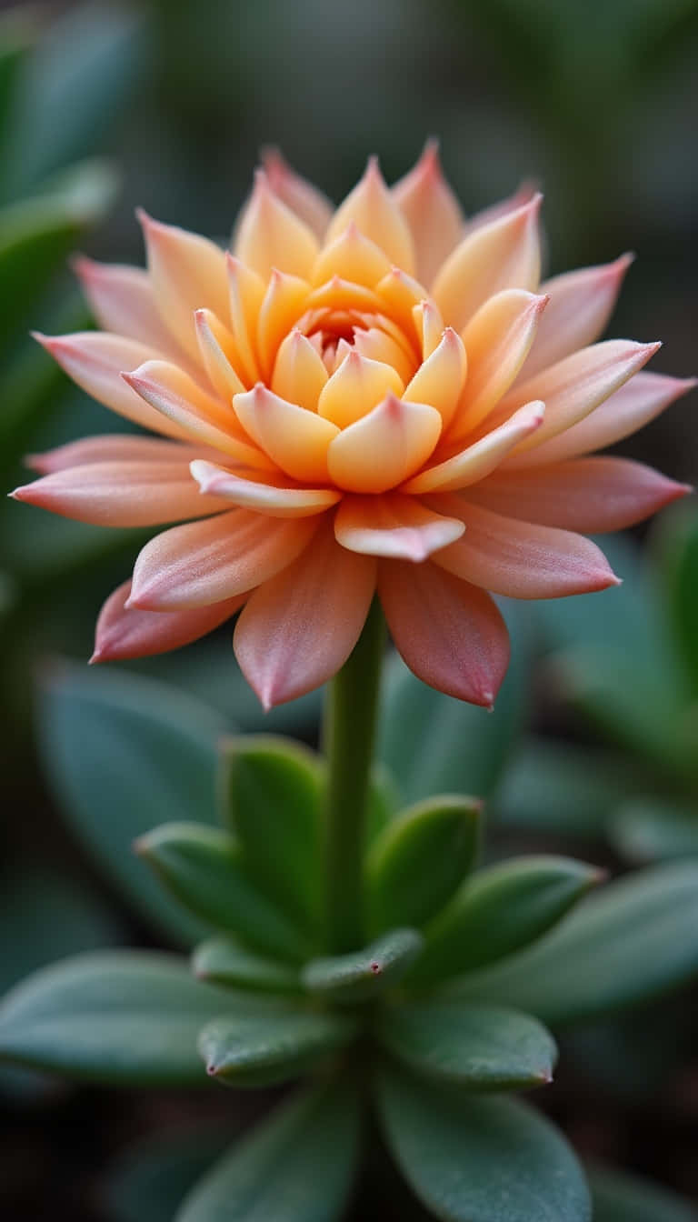 Flower 壁紙 — 多肉植物花朵的特寫，帶有層層疊疊的蜜桃色和橙色花瓣，在綠色多汁的葉子上盛開。