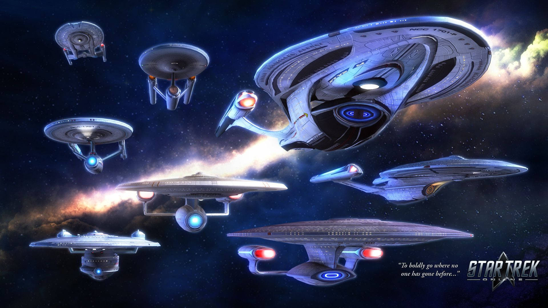 Starship 桌布 壁紙 — 多艘星際爭霸戰的星艦在充滿恆星和宇宙雲的鮮豔星雲中翱翔。