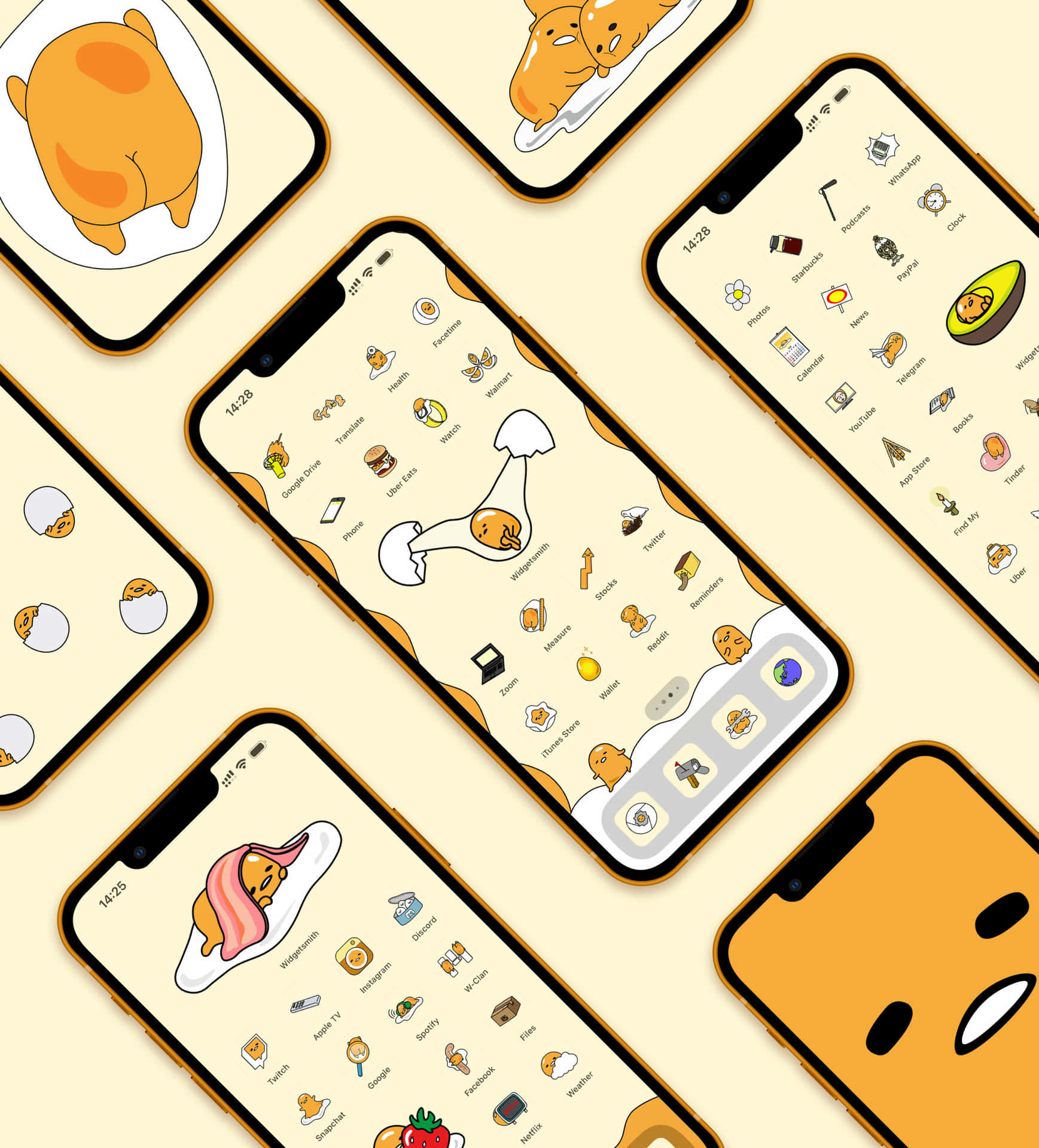 顯示 Gudetama 主題桌布和應用程式圖示的手機。 — 蛋黃哥 壁紙