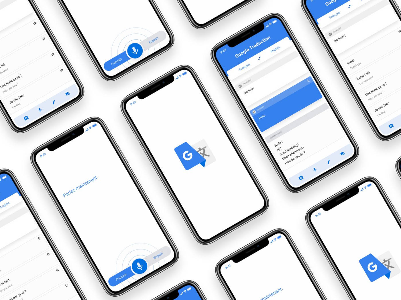Google Translate 桌布 壁紙 — 多部智慧型手機顯示Google翻譯應用程式，提供法文到英文的翻譯及語音輸入提示。