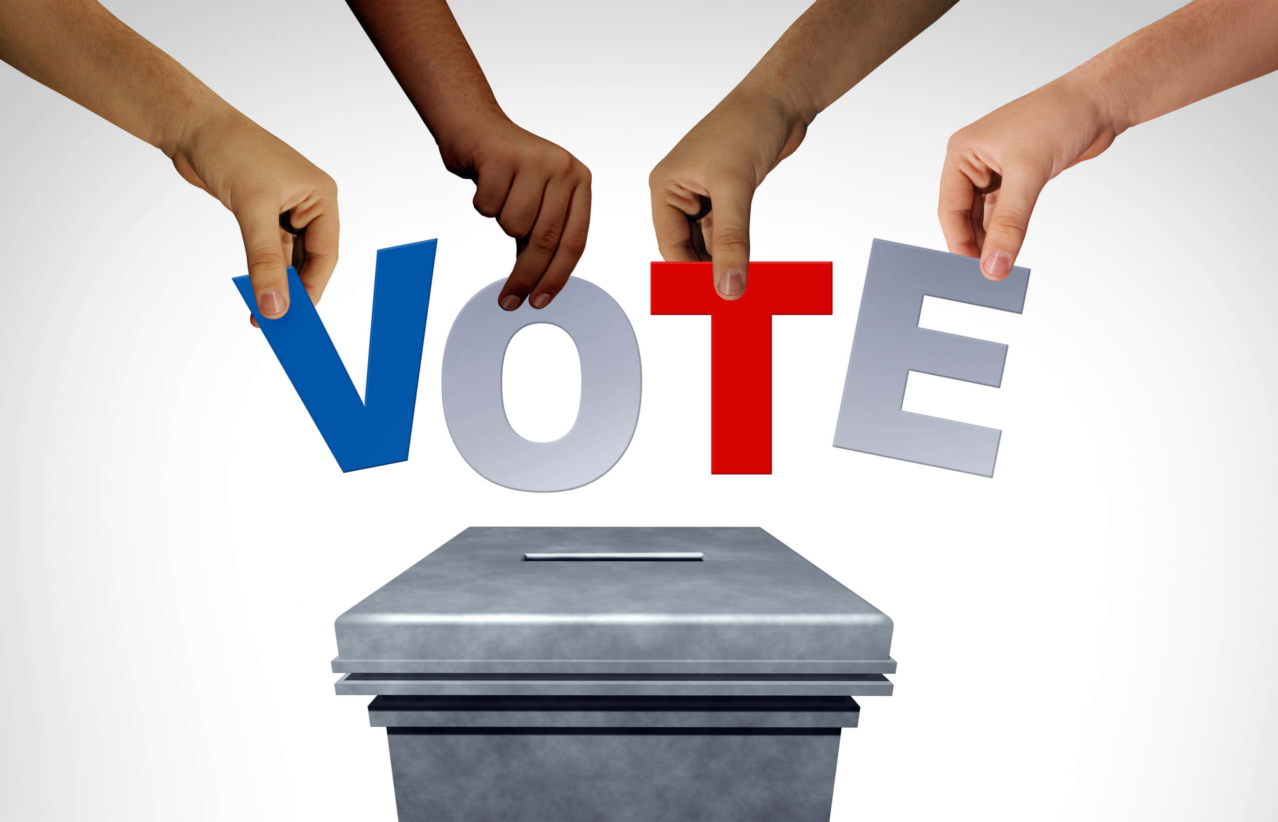 Election 桌布 壁紙 — 多隻手將拼出 VOTE 的彩色 3D 字母放入一個金屬投票箱中，背景為純色。