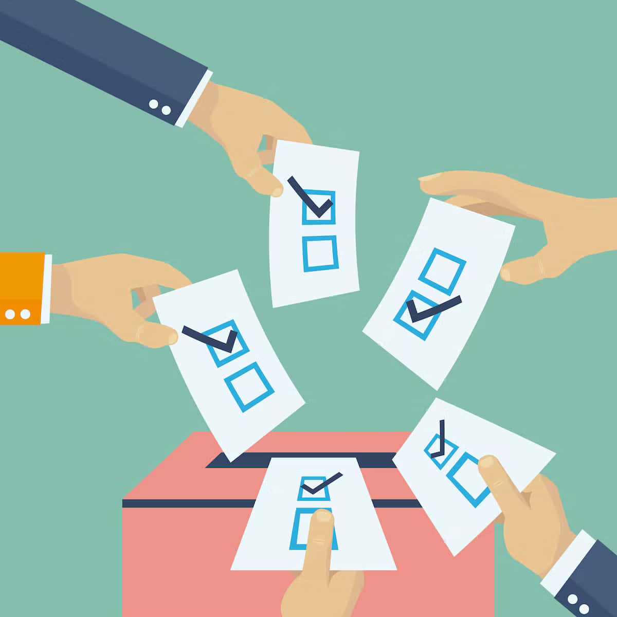 Voting 桌布 壁紙 — 多隻手將選票投入一個紅色投票箱，背景為青綠色。