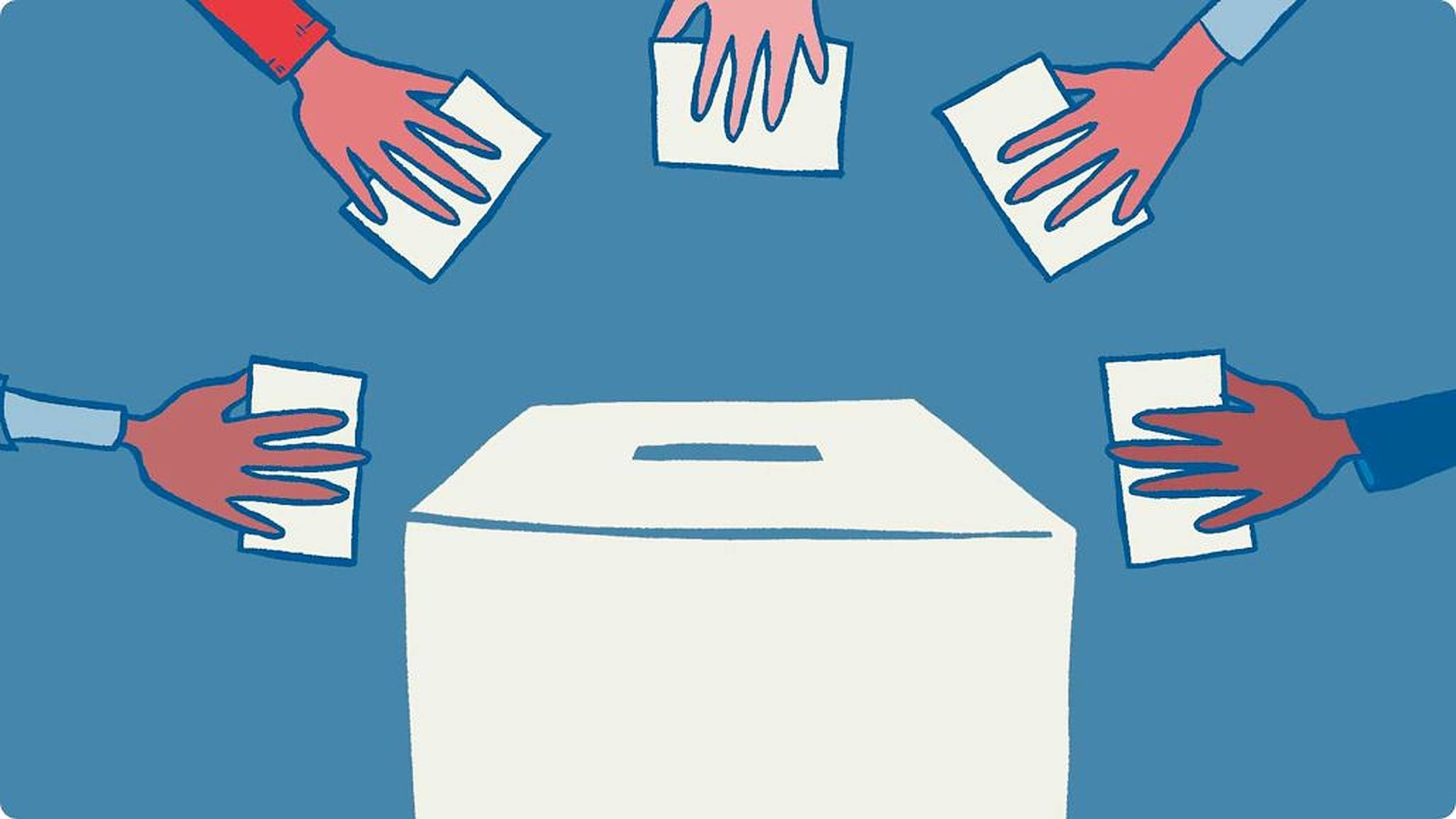 Election 桌布 壁紙 — 多隻插圖手在袖子中將白色選票放入中央投票箱，背景為純藍色。
