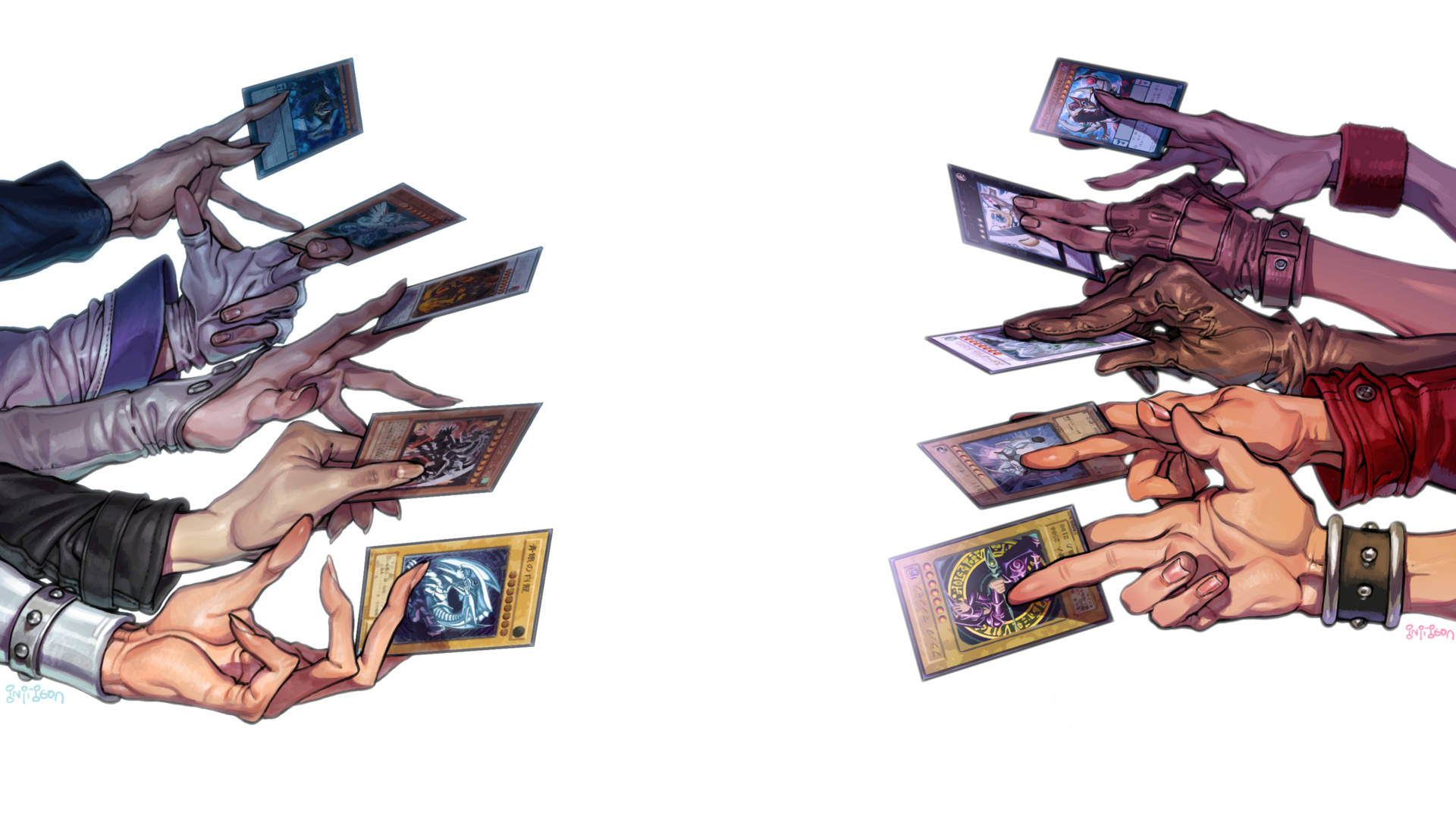Yugioh 桌布 壁紙 — 多隻插圖手從兩側伸過白色虛空，每隻手都拿著並指向不同的遊戲王集換卡牌。