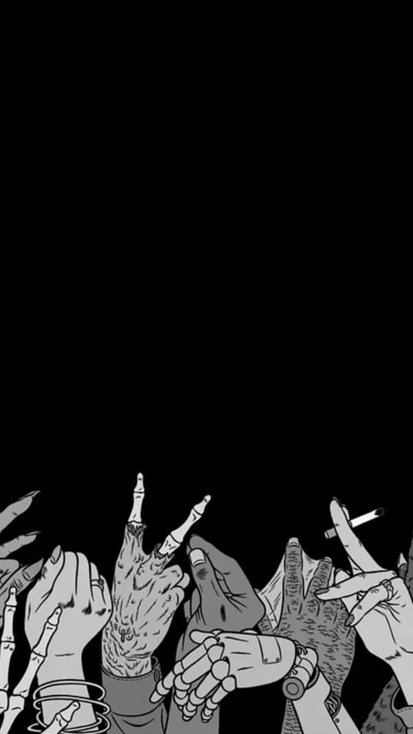 hands up 桌布 壁紙 — 多隻風格化的手，帶有刺青和機械元素，在純黑背景上做出挑釁的手勢。