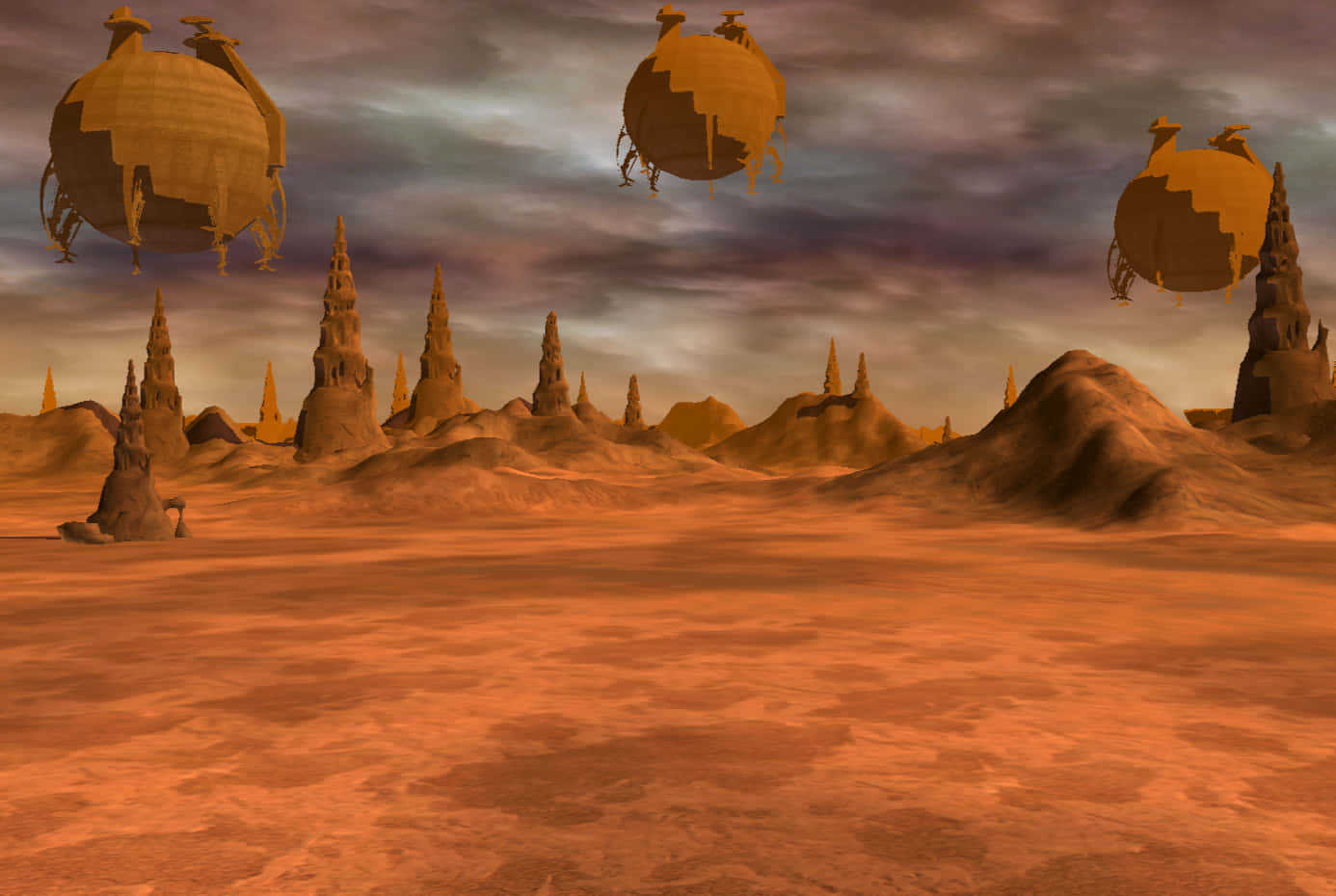 Geonosis 桌布 壁紙 — 多雲天空下，一個超現實的沙漠景觀，有漂浮的球形結構和鋸齒狀岩石形成。