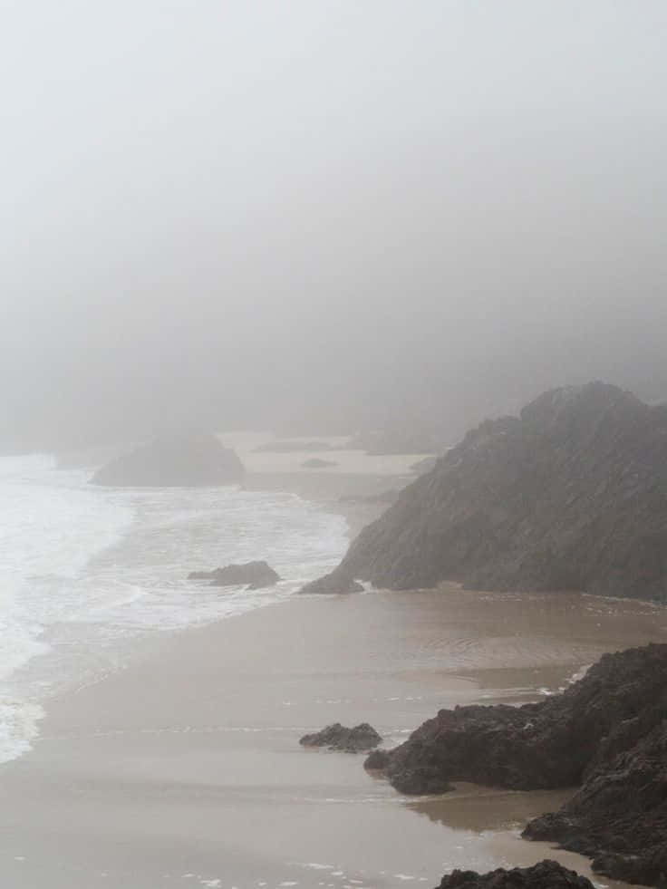 Winter Beach 桌布 壁紙 — 多雲天空下，霧氣籠罩的海岸沙灘，海浪拍打著深色岩石。