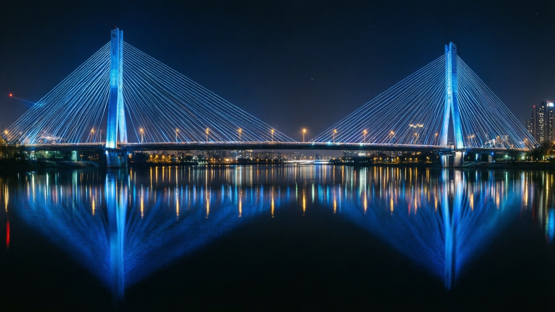 夜光橋樑 壁紙 — 一個令人驚嘆的夜景，現代斜張橋閃爍著藍色燈光，在黑暗天空下的平靜水面上完美倒映。