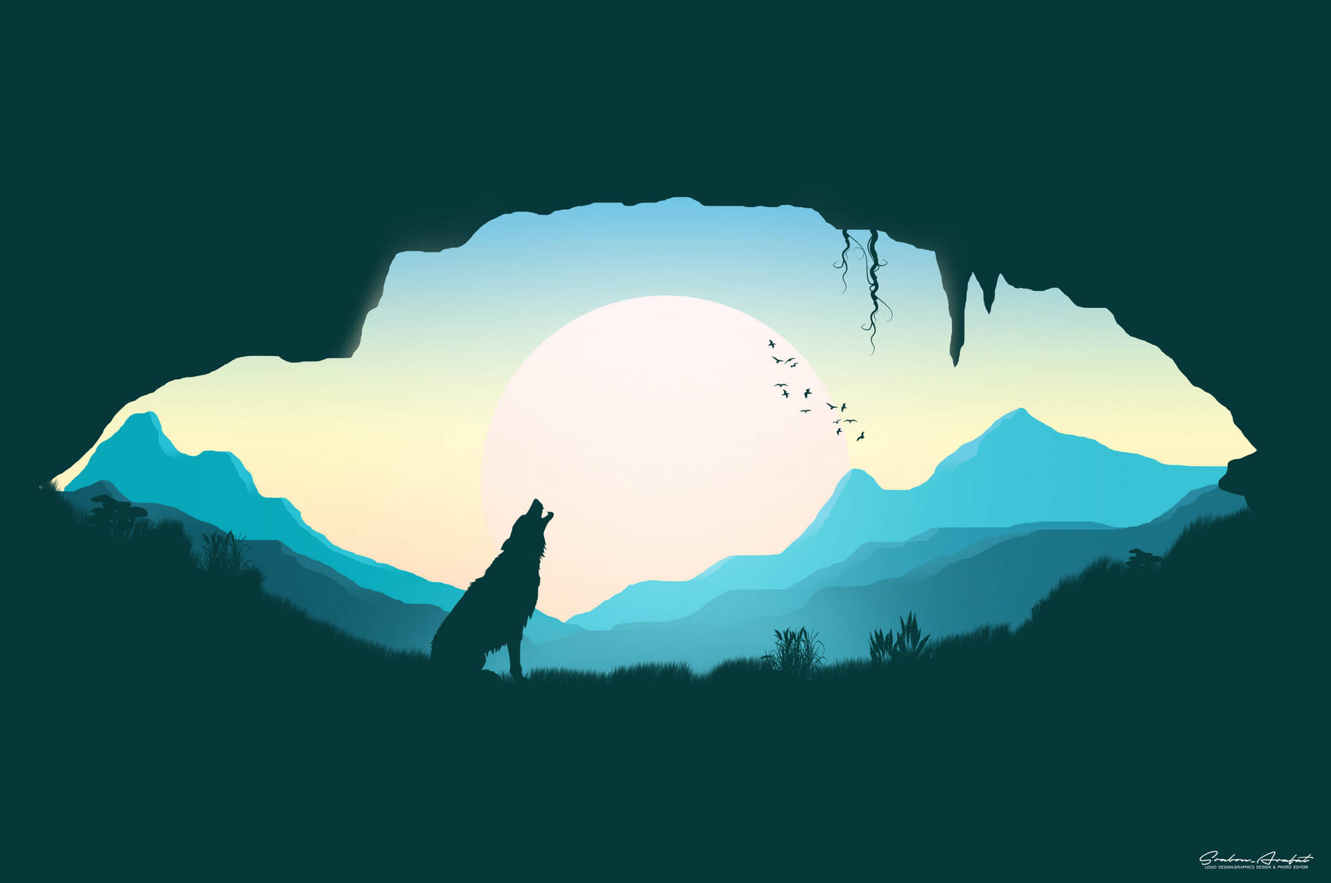 黑狼在山洞內嚎叫，洞外是山巒與明亮的夕陽，剪影風格，藝術作品。