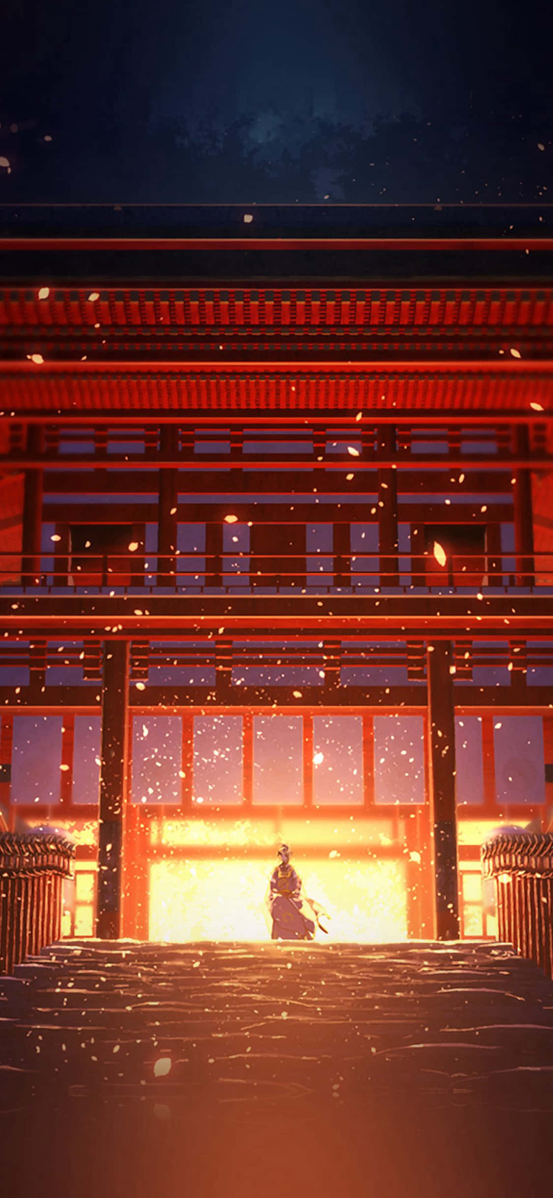 動漫 桌布 壁紙 — 夜晚，一位孤獨的武士站在發光的紅色神社前，櫻花在柔和的光線中飄落。