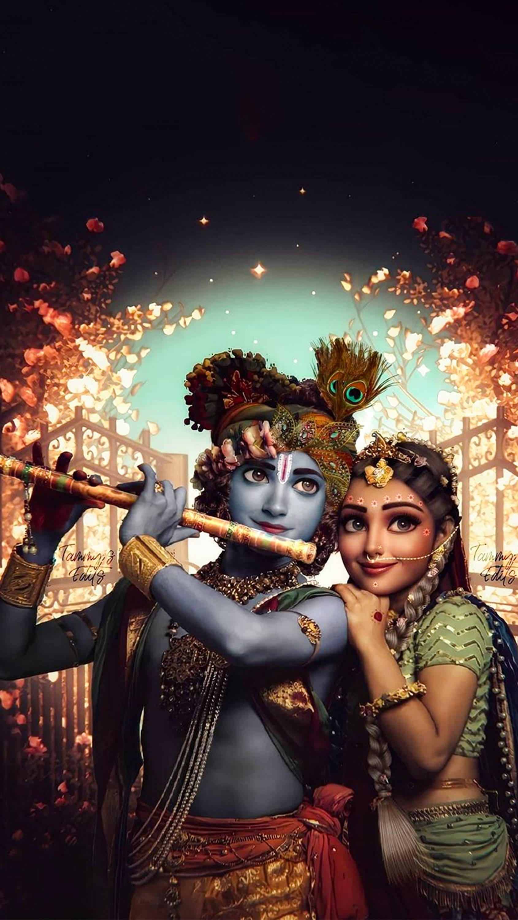 krishna 3d 桌布 壁紙 — 夜晚，一位神聖的藍皮膚神祇在發光的鮮花拱門下，在微笑的女神旁邊吹奏長笛。
