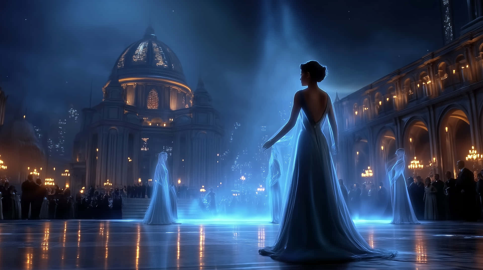 Mysterious figures in a grand hall with atmospheric glow 壁紙 — 夜晚，一位身穿發光藍色長裙的女性獨自站在宏偉圓頂建築下的反光地板上。