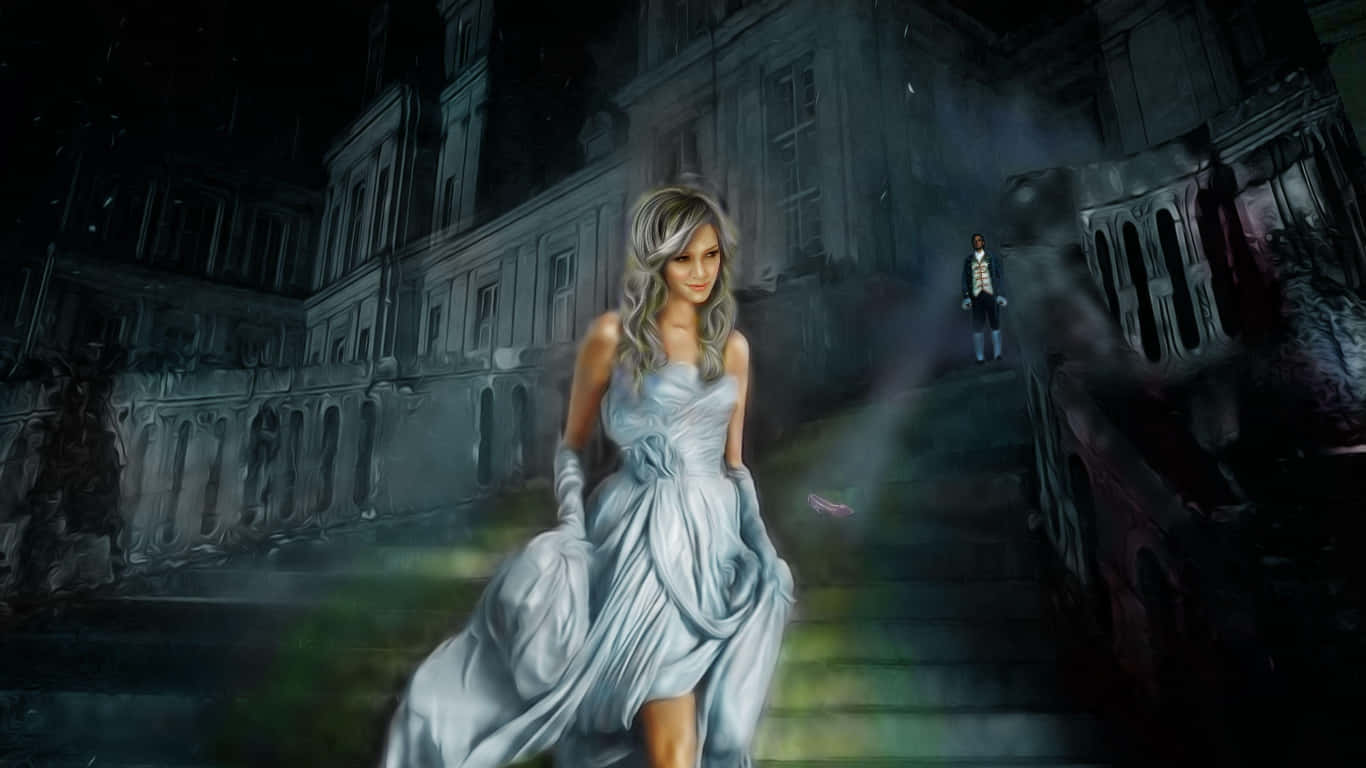 Dark Tales 桌布 壁紙 — 夜晚，一位身穿飄逸淺藍色長裙的女子，在煙霧瀰漫的廢墟城市樓梯上走下來，遠處有一個身影在觀望。