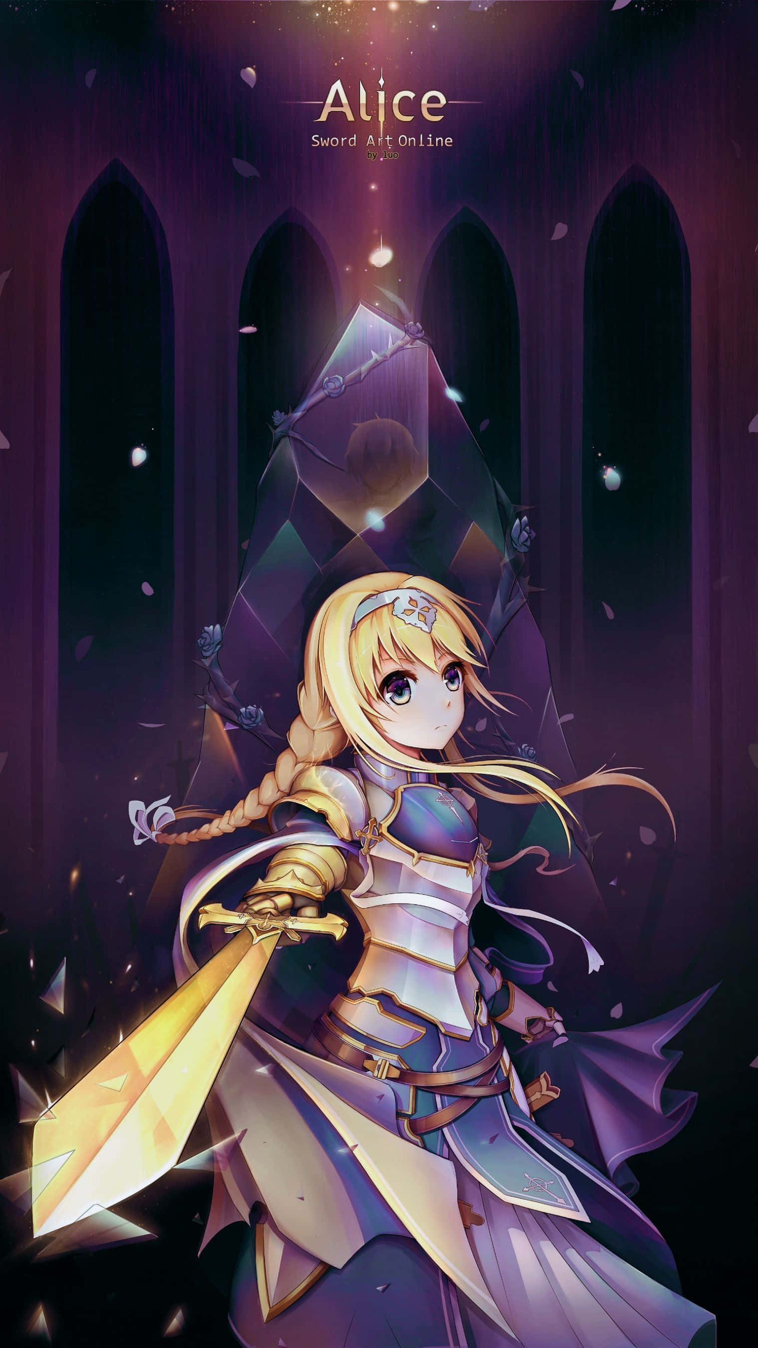 Alice Zuberg 桌布 壁紙 — 夜晚，一位金髮動漫少女身穿盔甲，在哥德式大教堂的水晶下握著一把發光的劍。