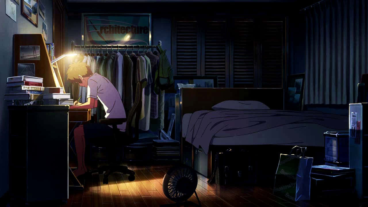 Animated 桌布 壁紙 — 夜晚，一個孤獨的動漫學生在雜亂昏暗的臥室裡，在溫暖的檯燈下學習。