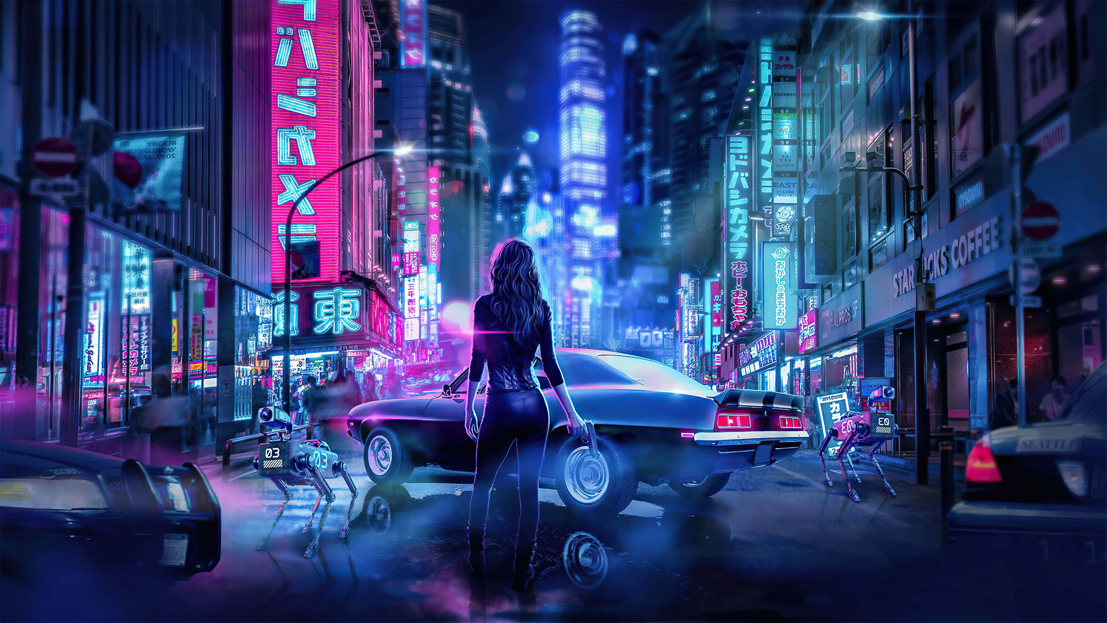 Cyberpunk Aesthetic 桌布 壁紙 — 夜晚，一個孤獨的女人站在一輛經典汽車旁邊，身處霓虹燈閃爍的賽博龐克城市街道。
