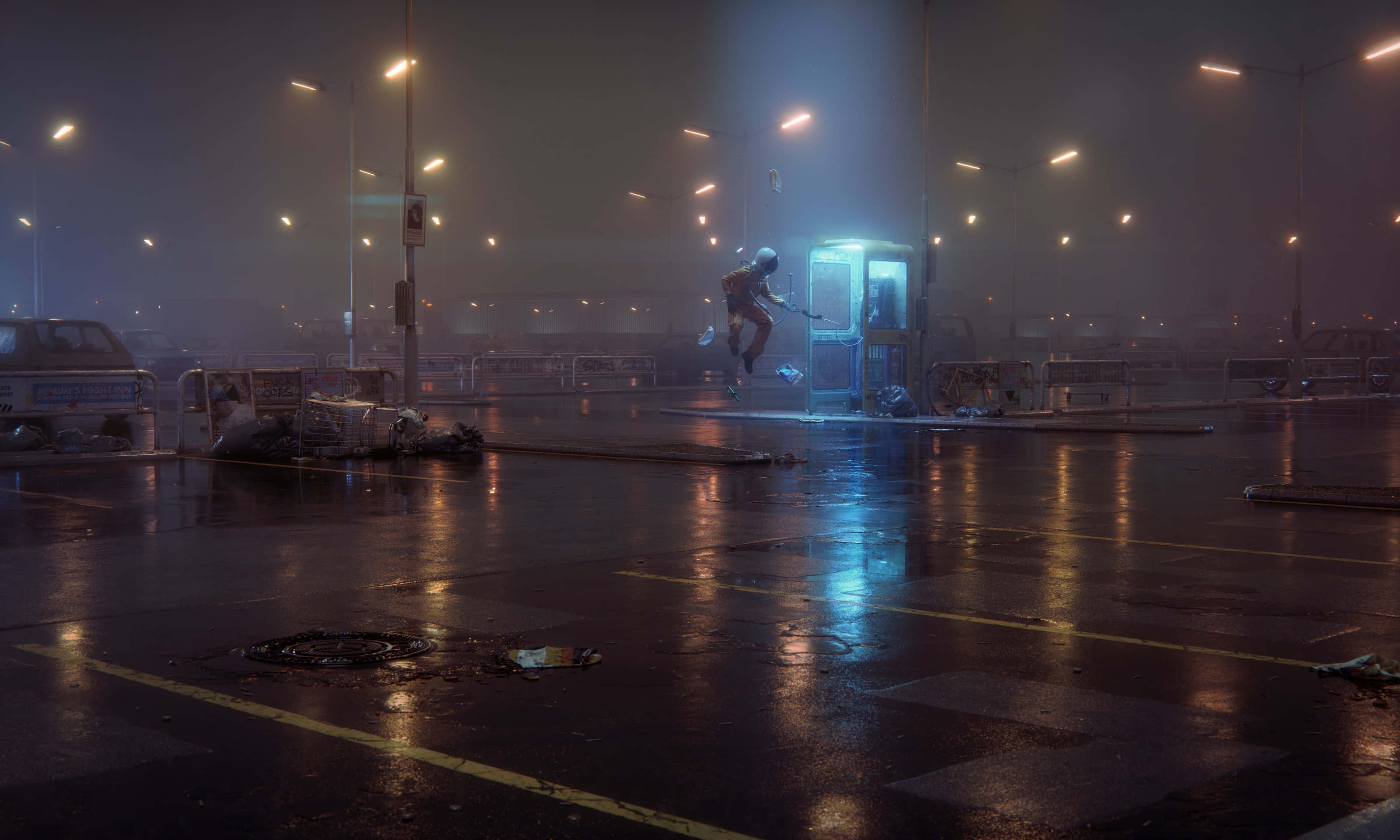 太空人 桌布 壁紙 — 夜晚，一個孤獨的身影在雨水浸透的城市停車場中，被發光的街燈和藍色電話亭照亮。