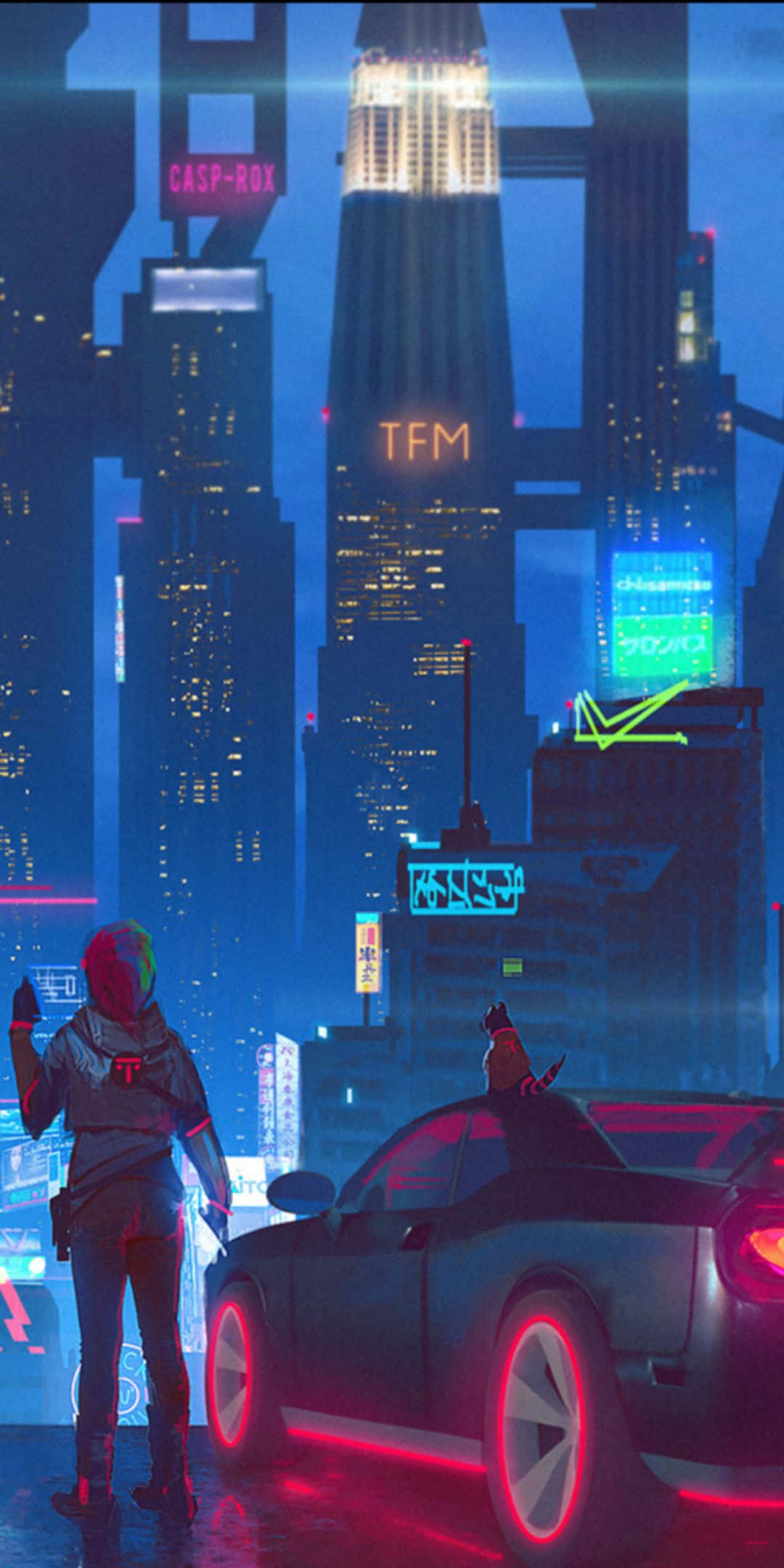 Pixel 3 Cyberpunk 2077 桌布 壁紙 — 夜晚，一個孤獨的身影戴著發光頭盔，站在一輛霓虹燈跑車旁，背景是高聳的賽博龐克城市景觀。