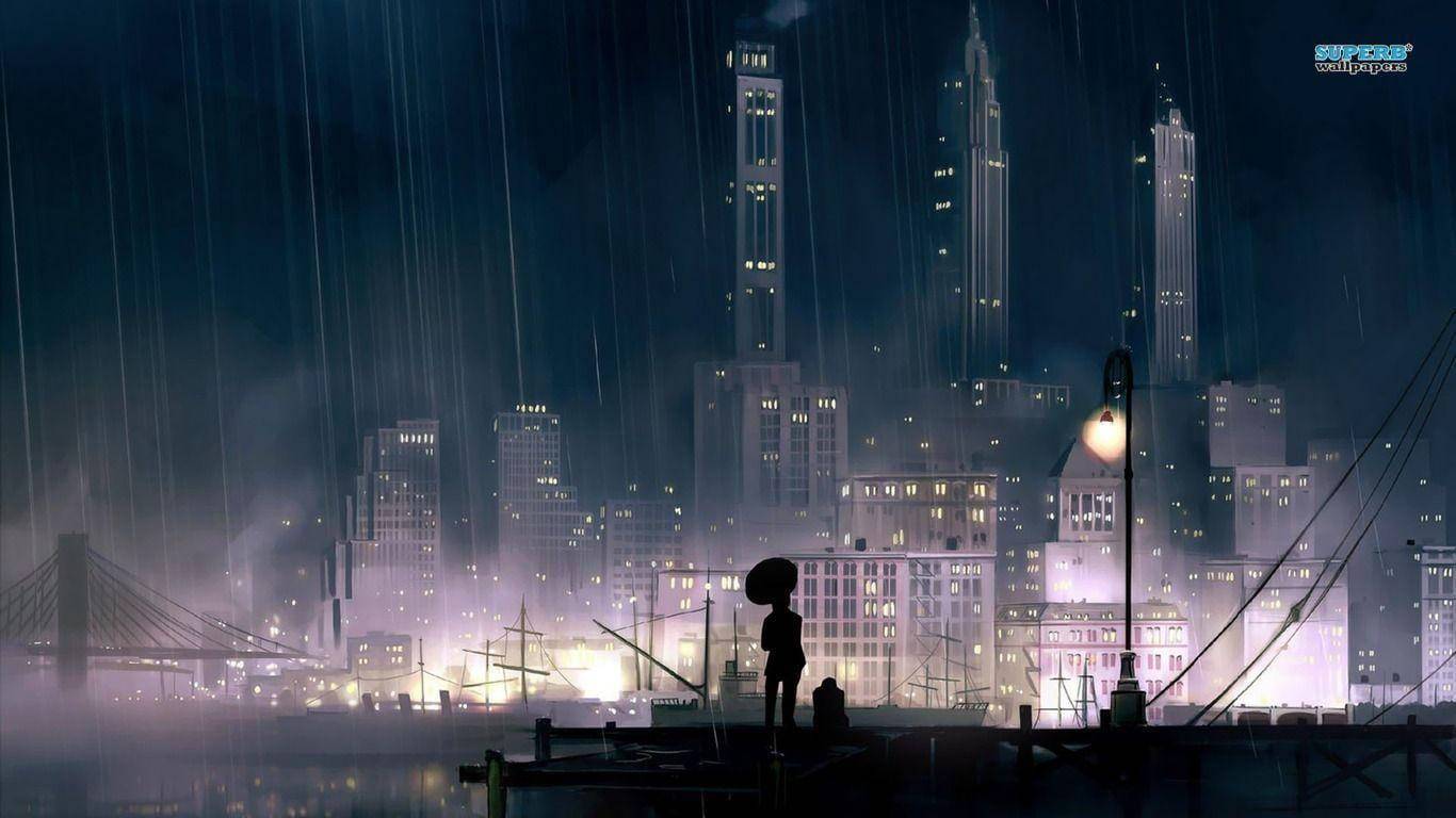 藝術 桌布 壁紙 — 夜晚，一個孤獨的身影撐著傘站在被雨水打濕的碼頭上，在霧氣中高聳的摩天大樓和橋樑的發光城市天際線襯托下形成剪影。